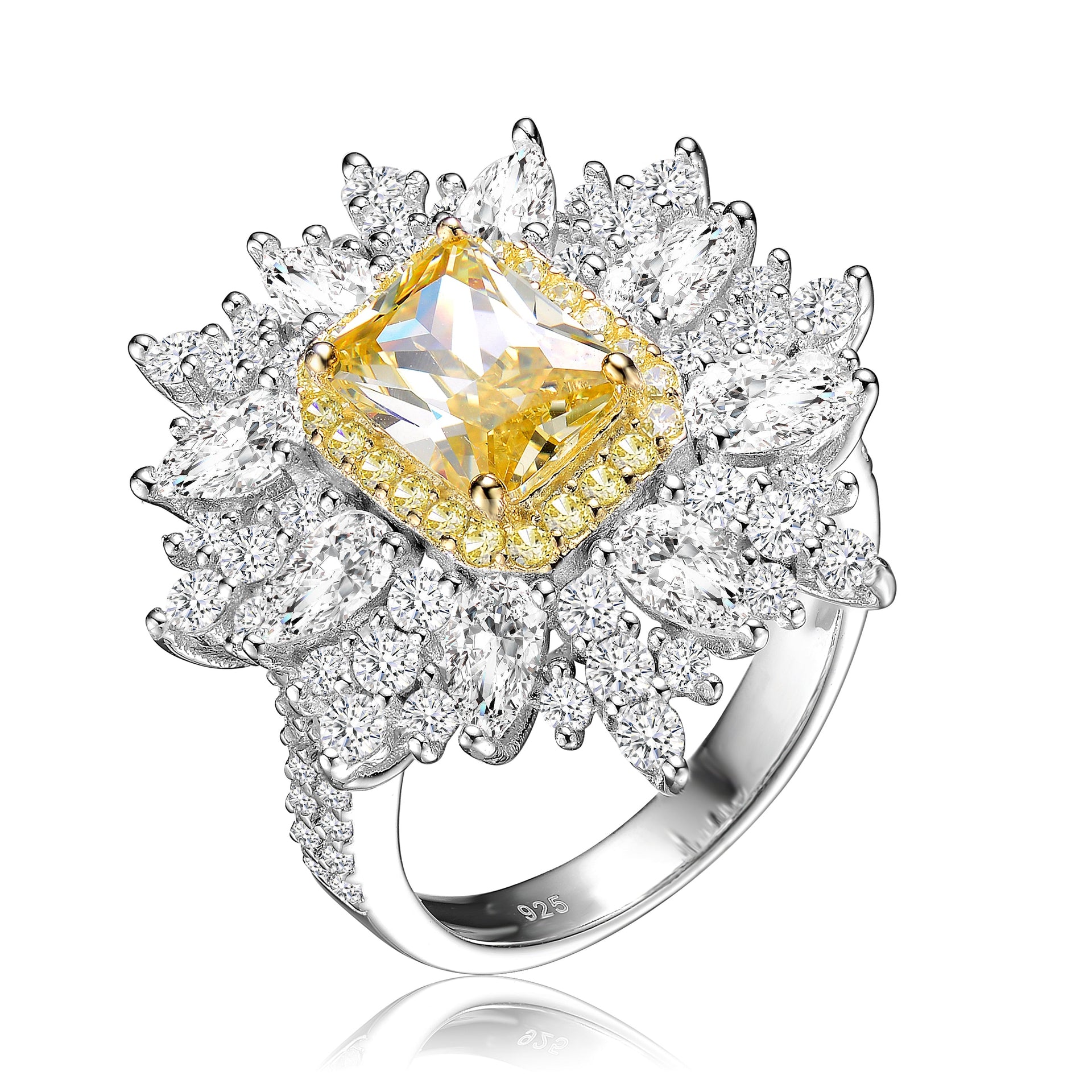 Sterling Silver Gold Plated Yellow Cubic Zirconia Coctail Ring