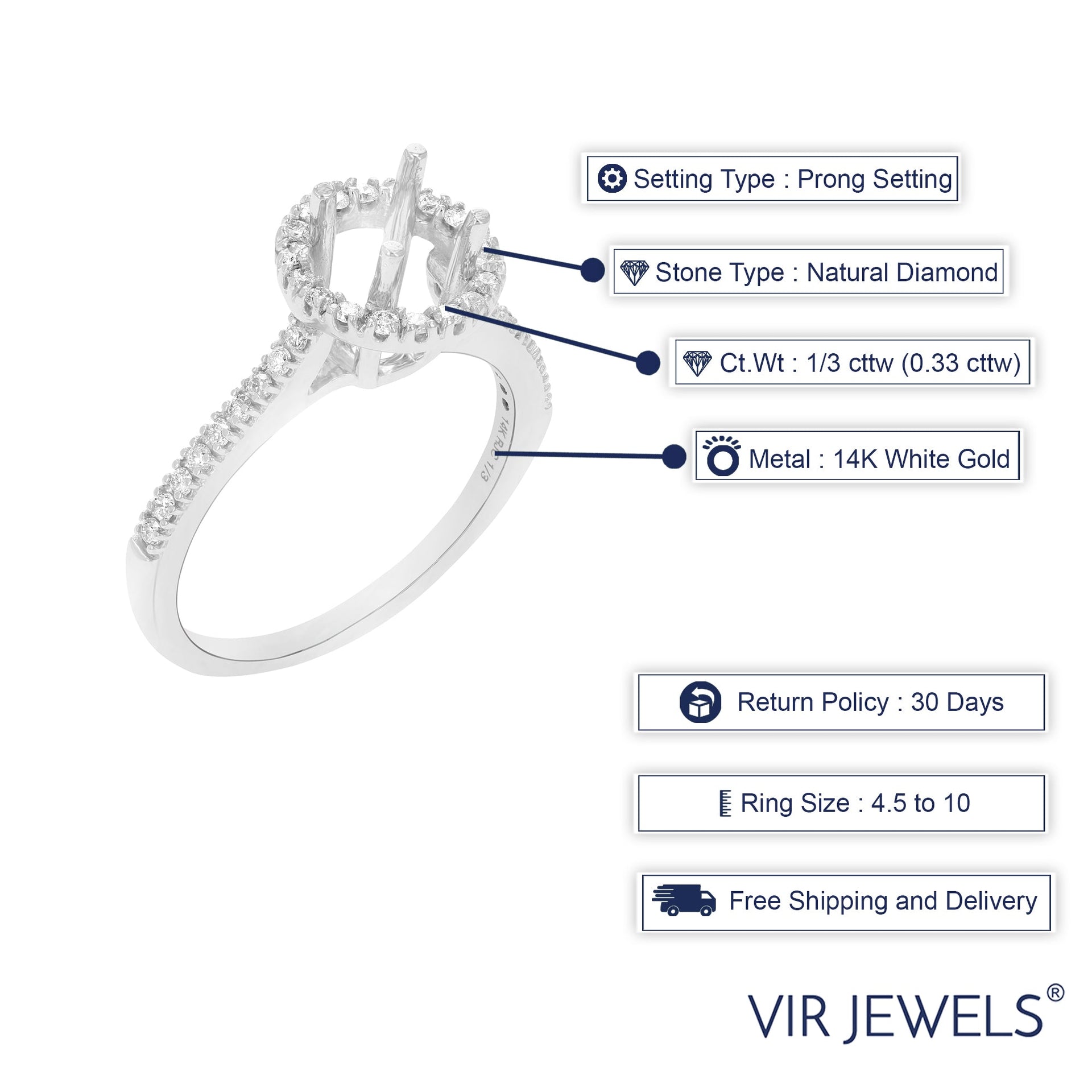 1/3 cttw Diamond Semi Mount Engagement Ring in 14K White Gold Center Round