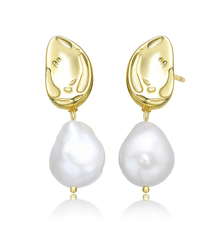 Sterling Silver Gold Plating Freshwater Pearl Dangling Earrings