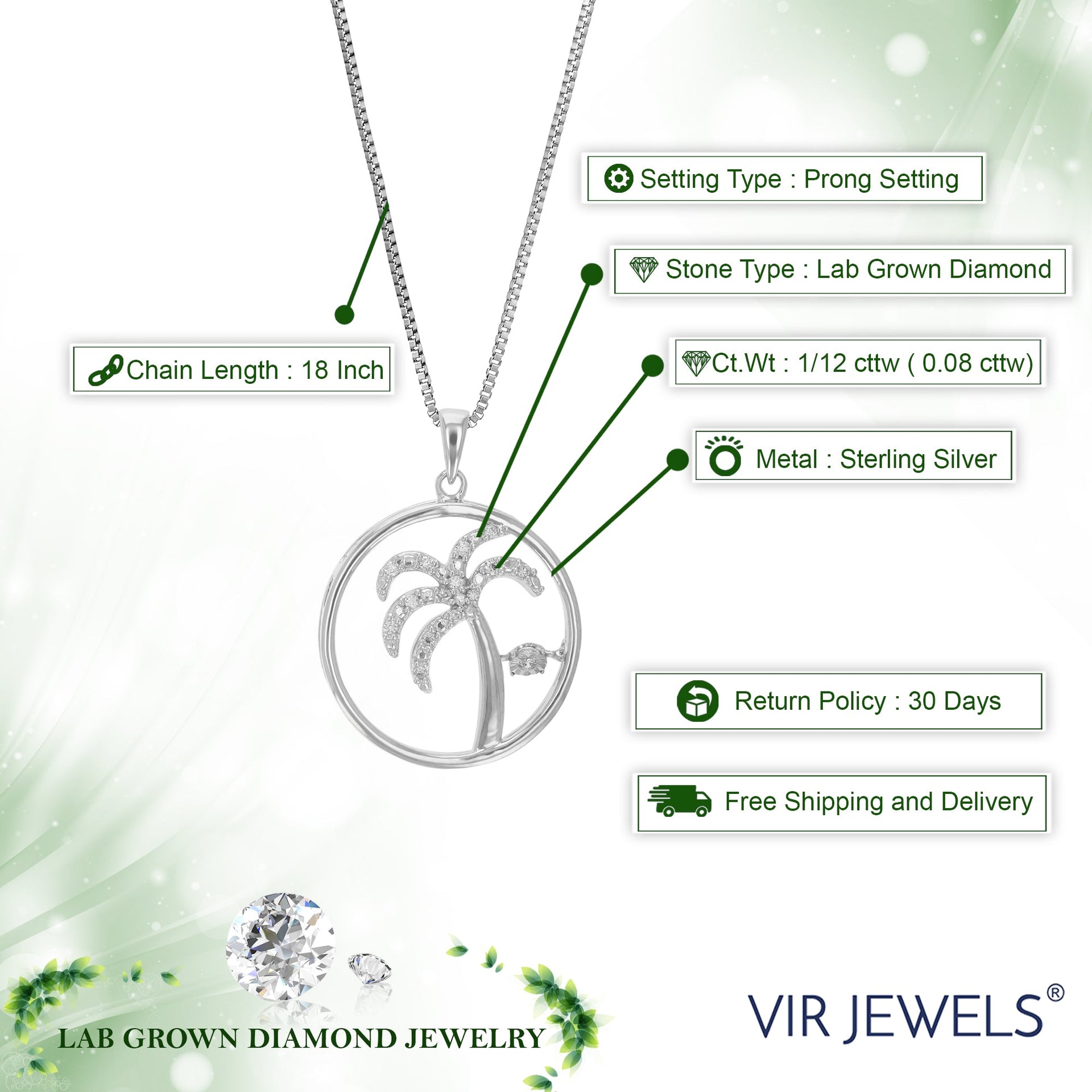 1/12 cttw Lab Grown Diamond Tree Pendant Necklace .925 Sterling Silver 3/4 Inch With 18 Inch Chain