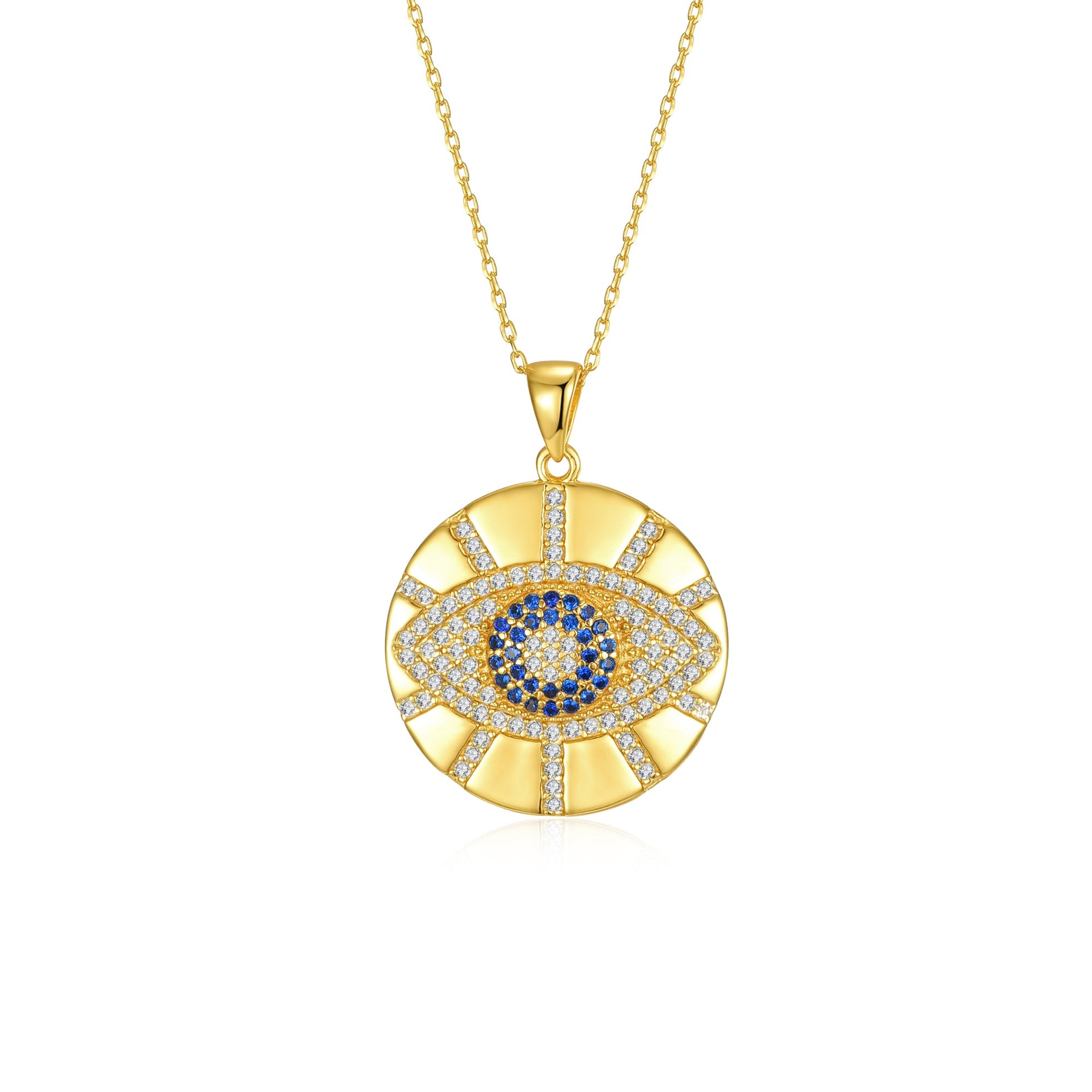 14k Gold Plated with Blue, Yellow & White Diamond-Like Cubic Zirconia Evil Eye Light Rays Medallion Pendant Necklace