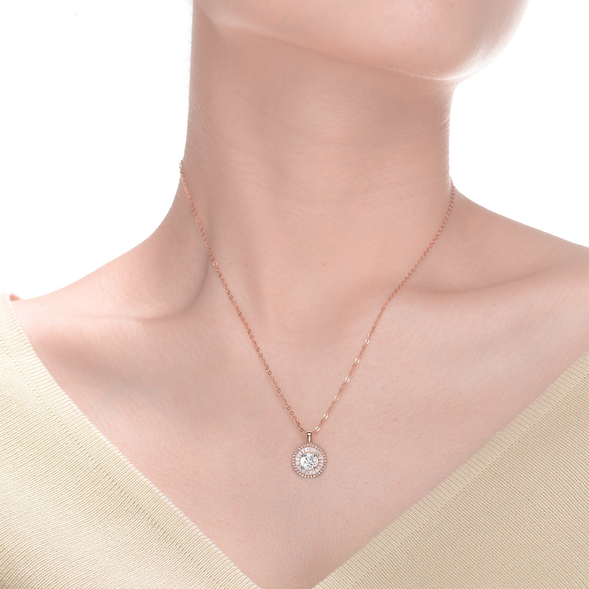 Sterling Silver With Rose Gold Plated And Clear Cubic Zirconia Pendant Necklace