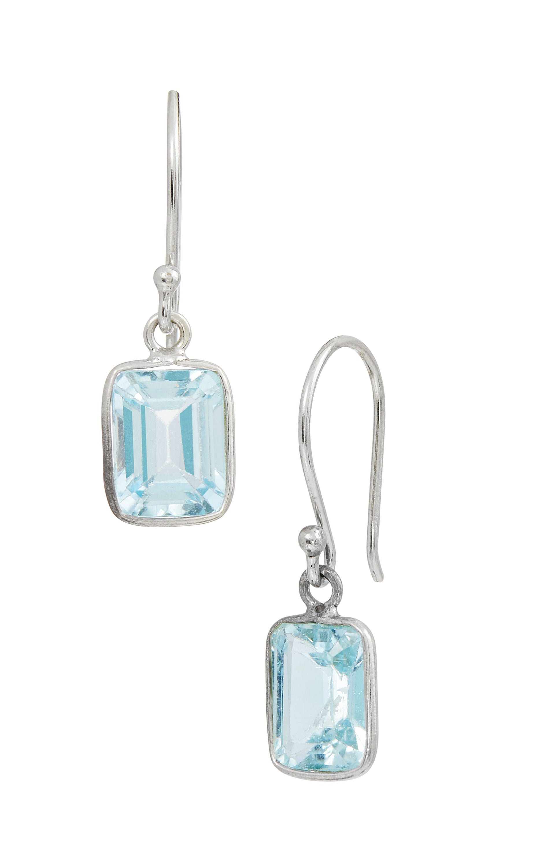 Sterling Silver Blue Topaz Emerald Cut French Wire Dangle Earrings