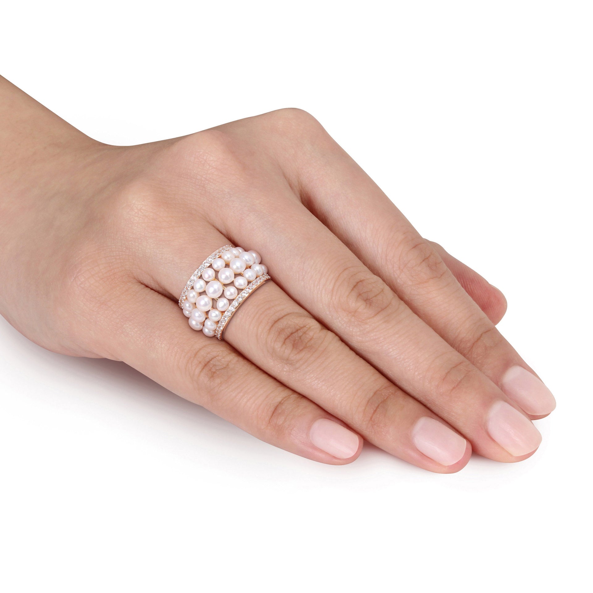 Cultured Freshwater Pearl and 1 3/5ct TW Created White Sapphire Triple Row Ring in Yellow Silver