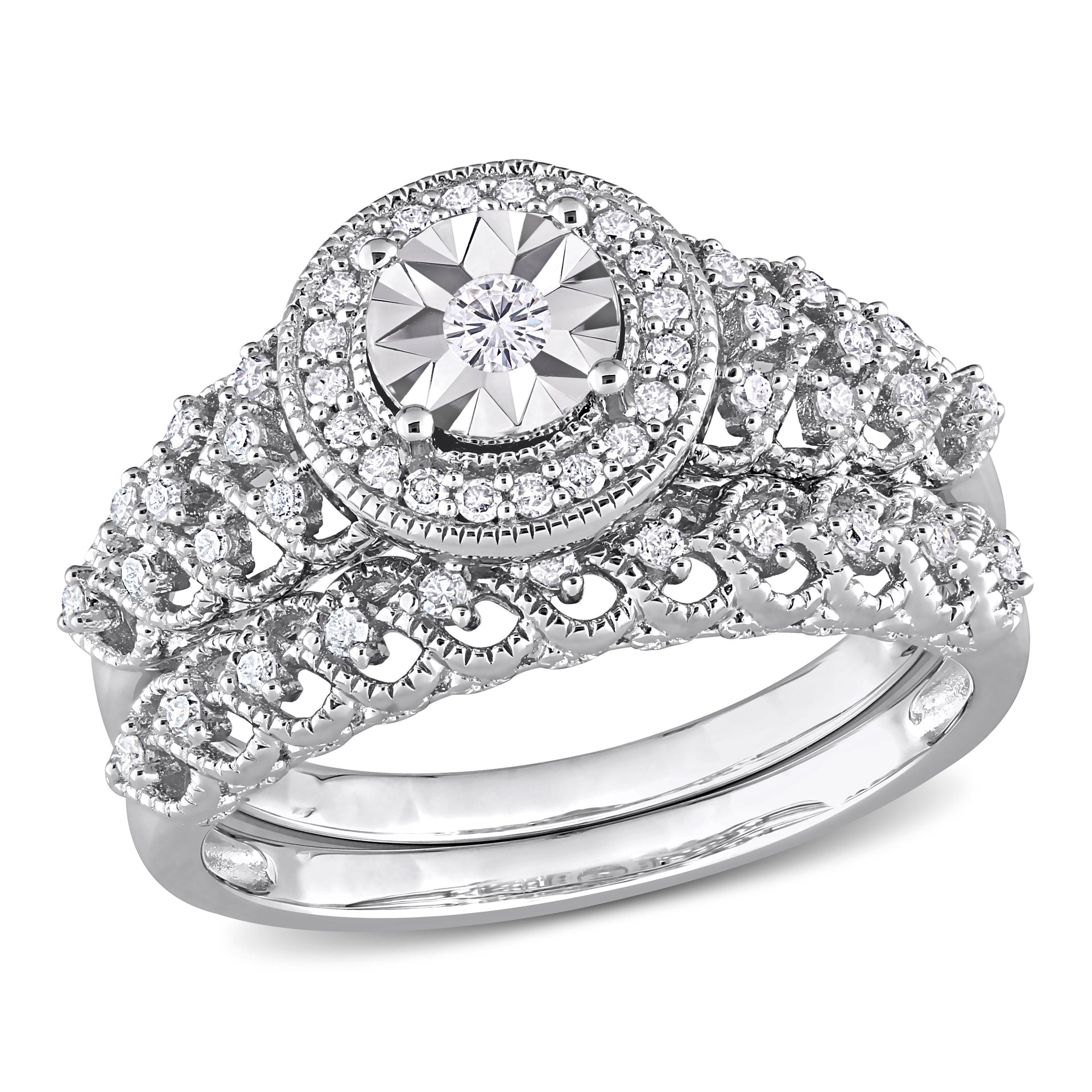 1/3ct TDW Diamond Halo Bridal Ring Set in Sterling Silver