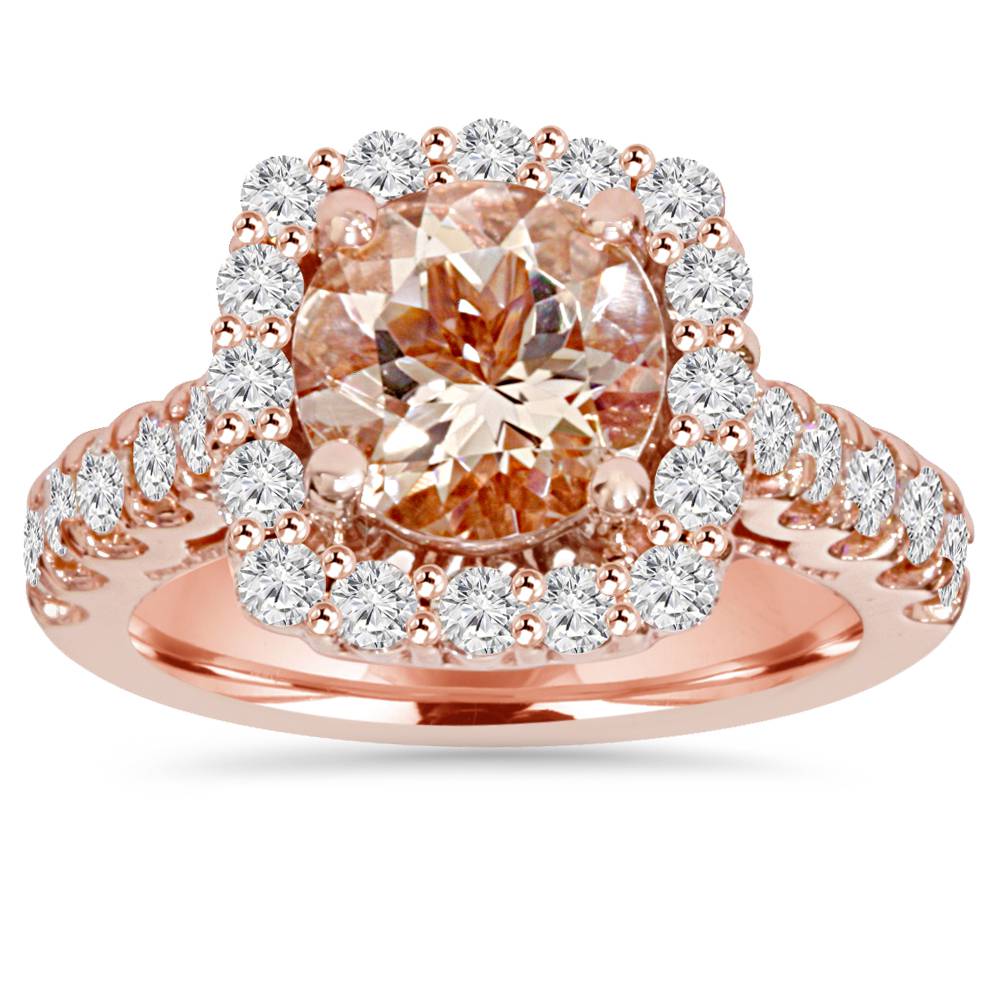 2 1/2 CT Morganite & Diamond Cushion Halo Engagement Ring 14K Rose Gold