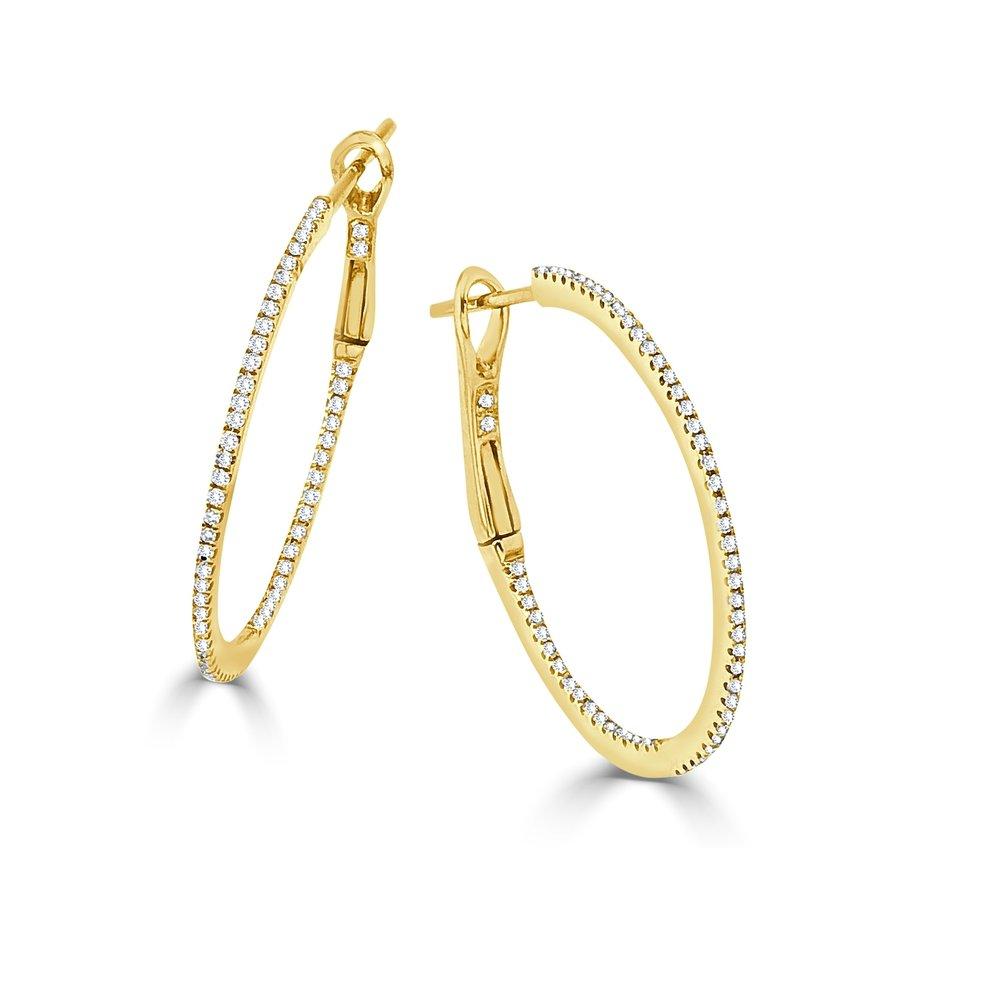 14k Gold & Diamond Skinny Hoop Earrings 1.25'