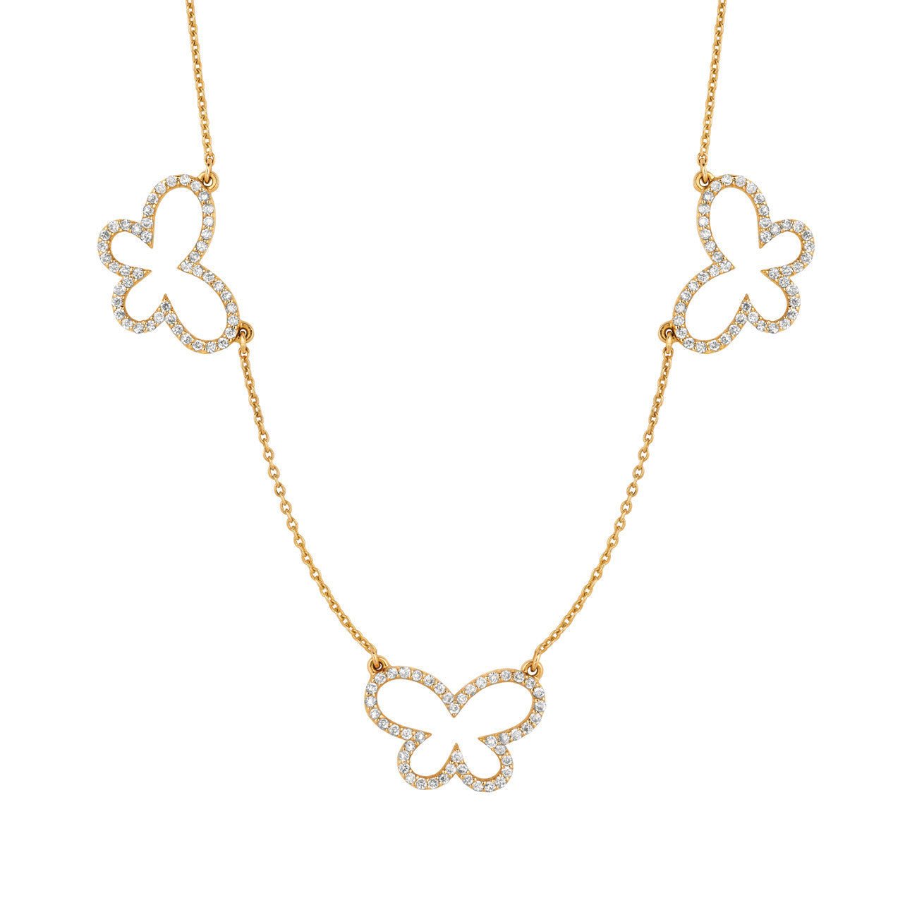 Three Diamond Butterflies (Medium) Necklace Yellow Gold