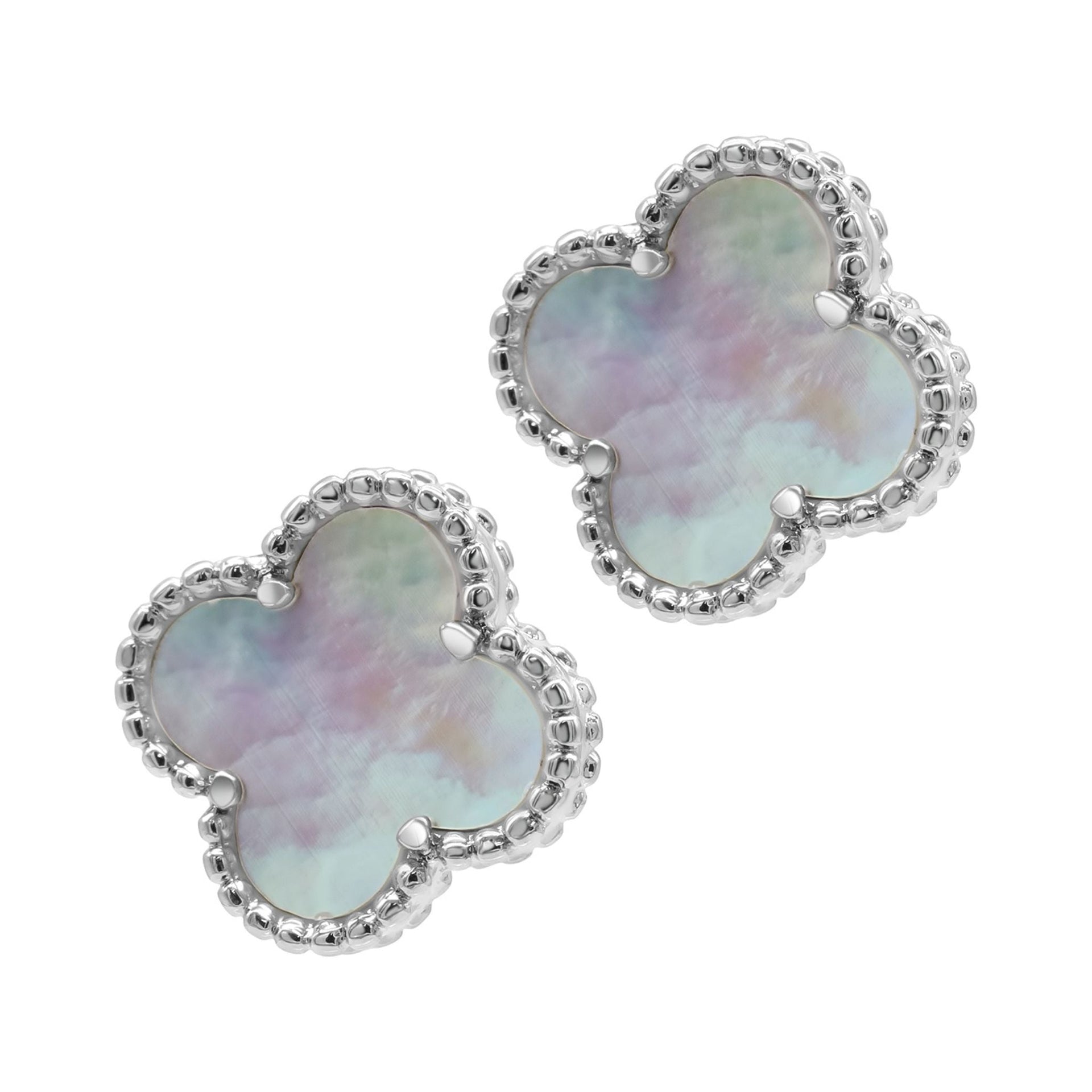 Adornia Quatrefoil White Mother of Pearl Clover Stud Earrings silver