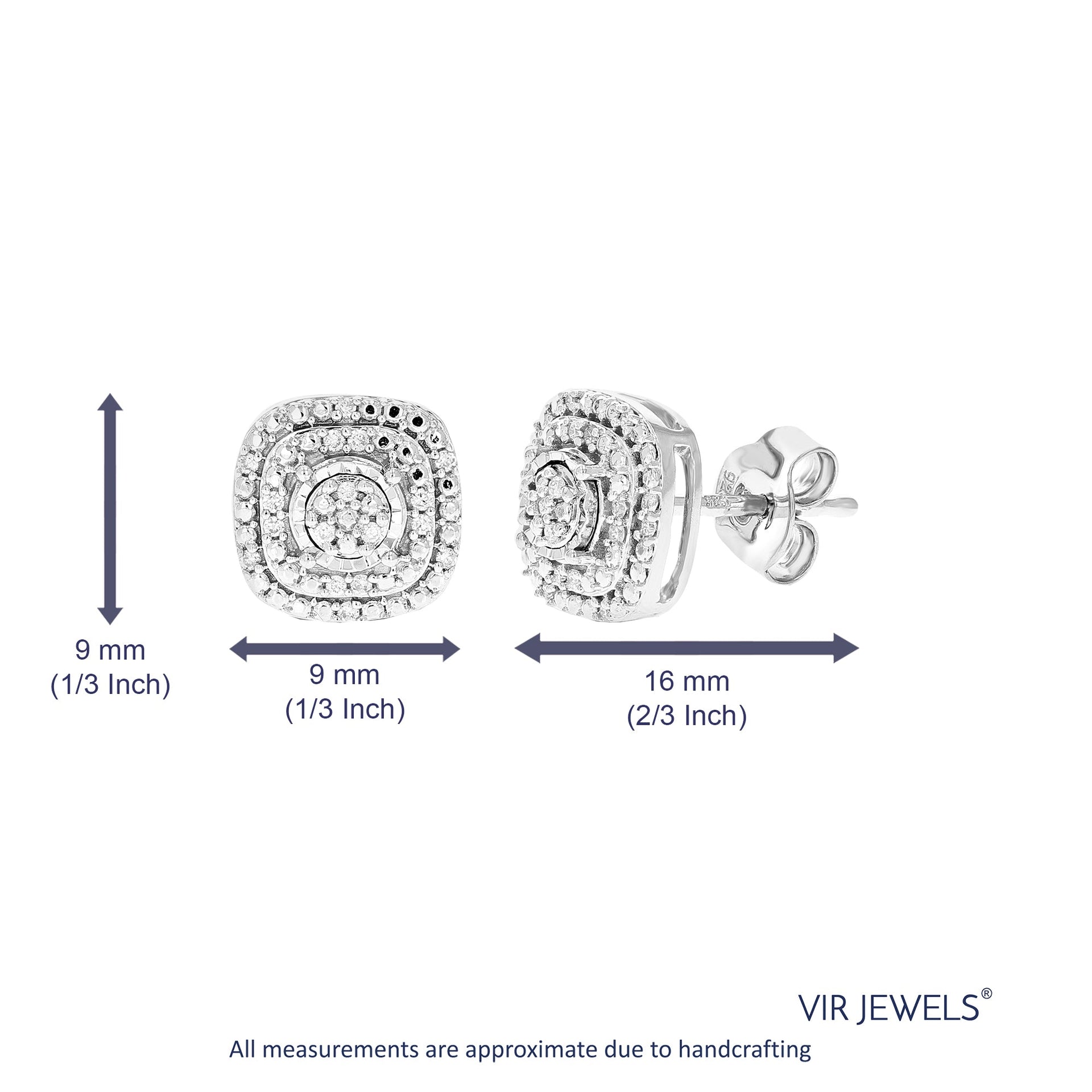 1/10 cttw 34 Stones Round Lab Grown Diamond Studs Earrings .925 Sterling Silver Prong Set Square Shape