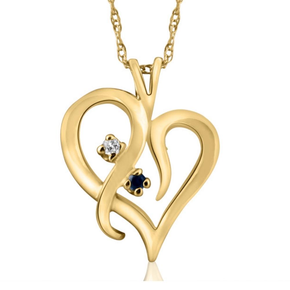 Blue Sapphire & Diamond Heart Pendant 14K Yellow Gold With 18' Chain