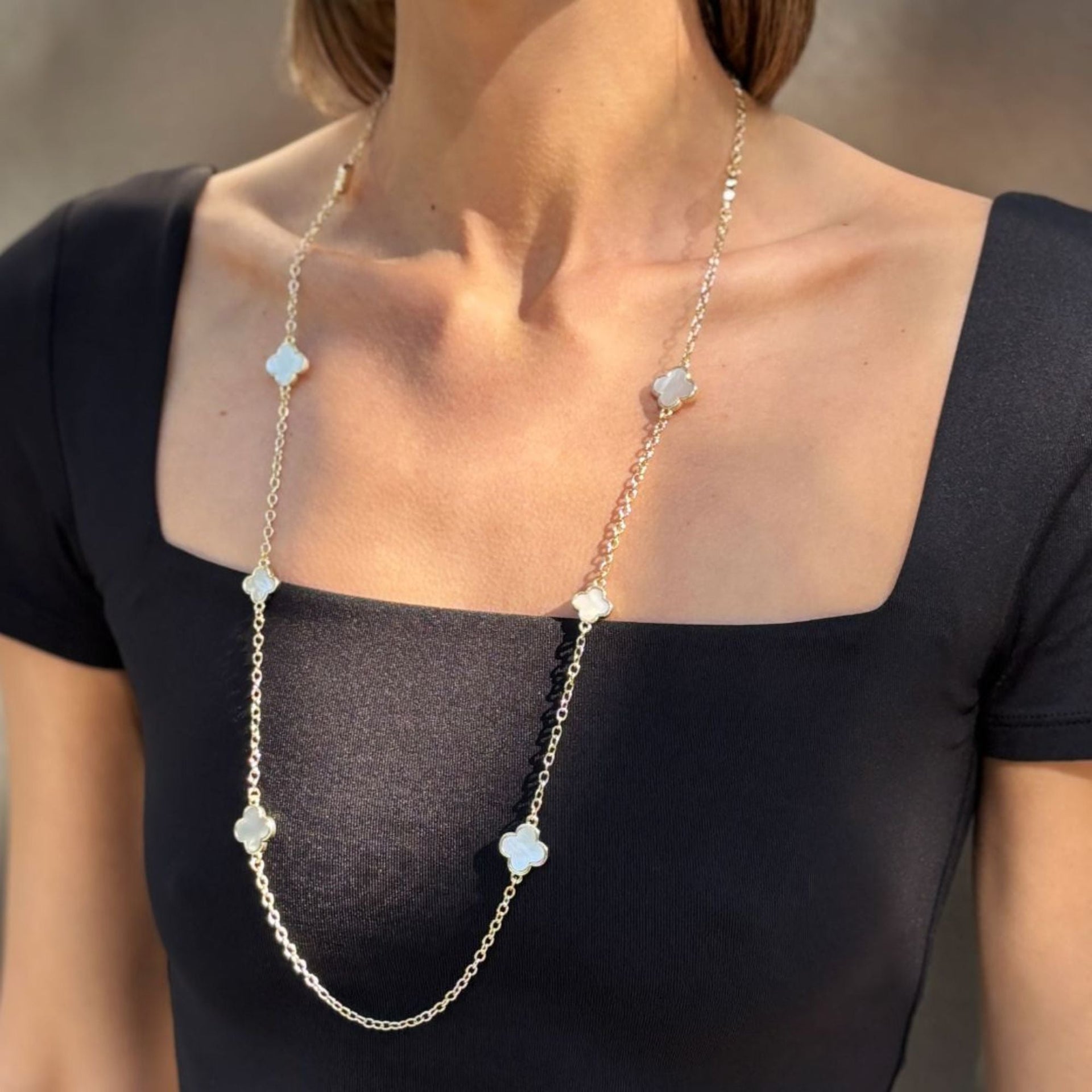 Gold Plated 36' Mother Of Pearl Flower Station Necklace
