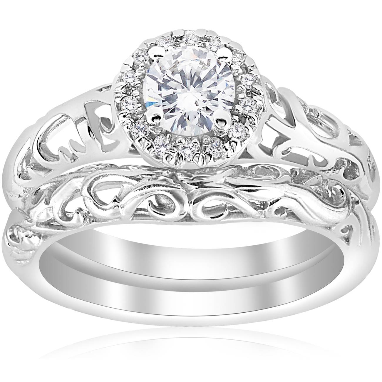 5/8 ct Round Diamond Vintage Engagement Wedding Ring Set 14K White Gold