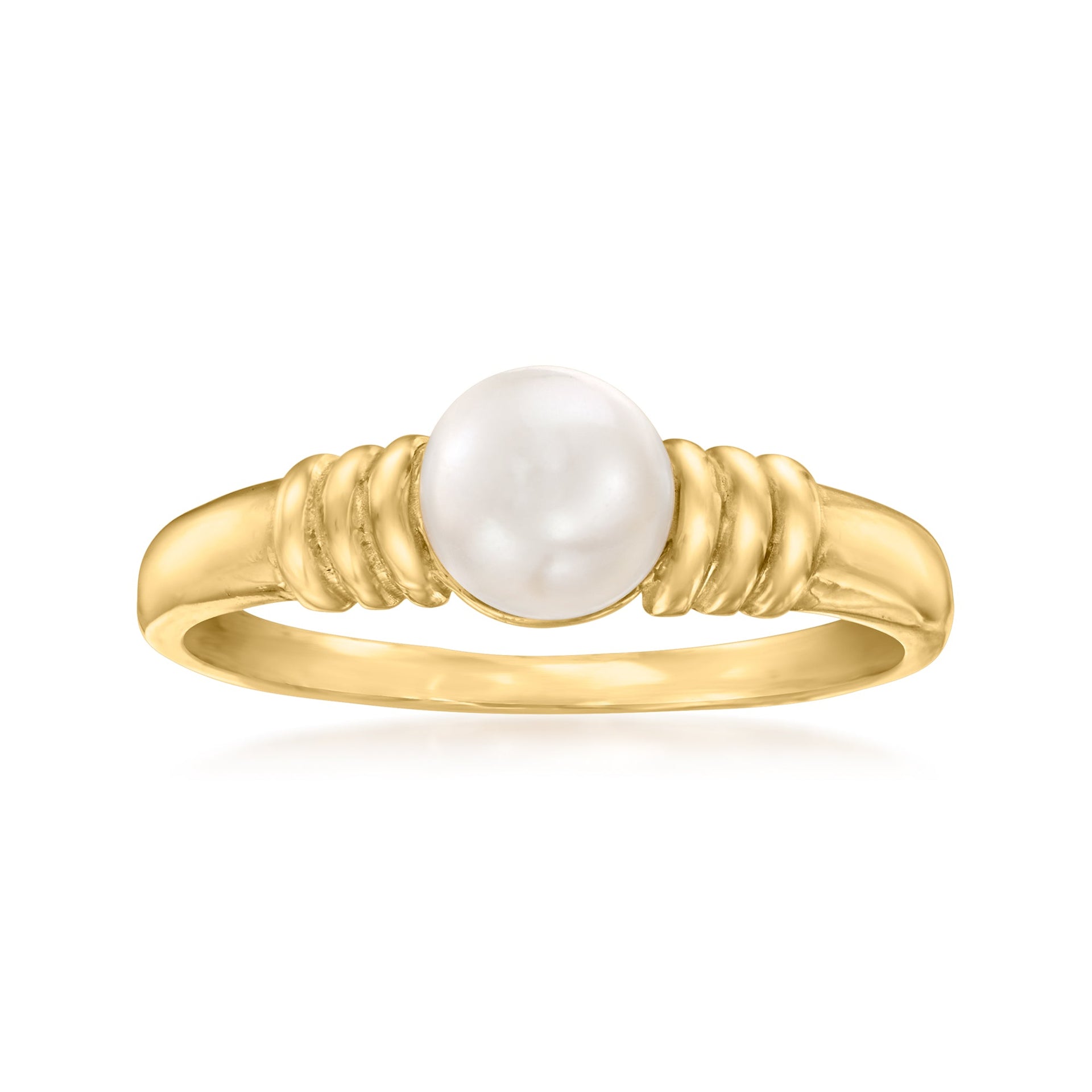 Canaria 6-7mm Cultured Button Pearl Ribbed Ring in 10kt Yellow Gold