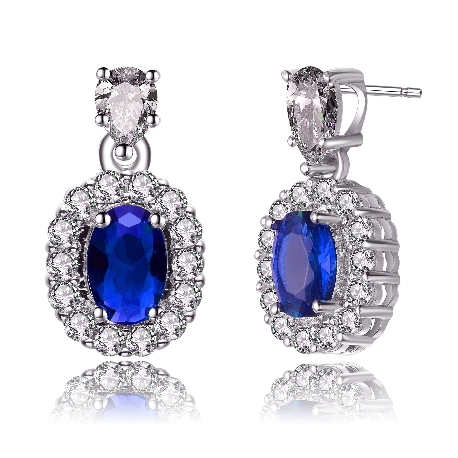 Sterling Silver Sapphire Cubic Zirconia Halo Drop Earrings