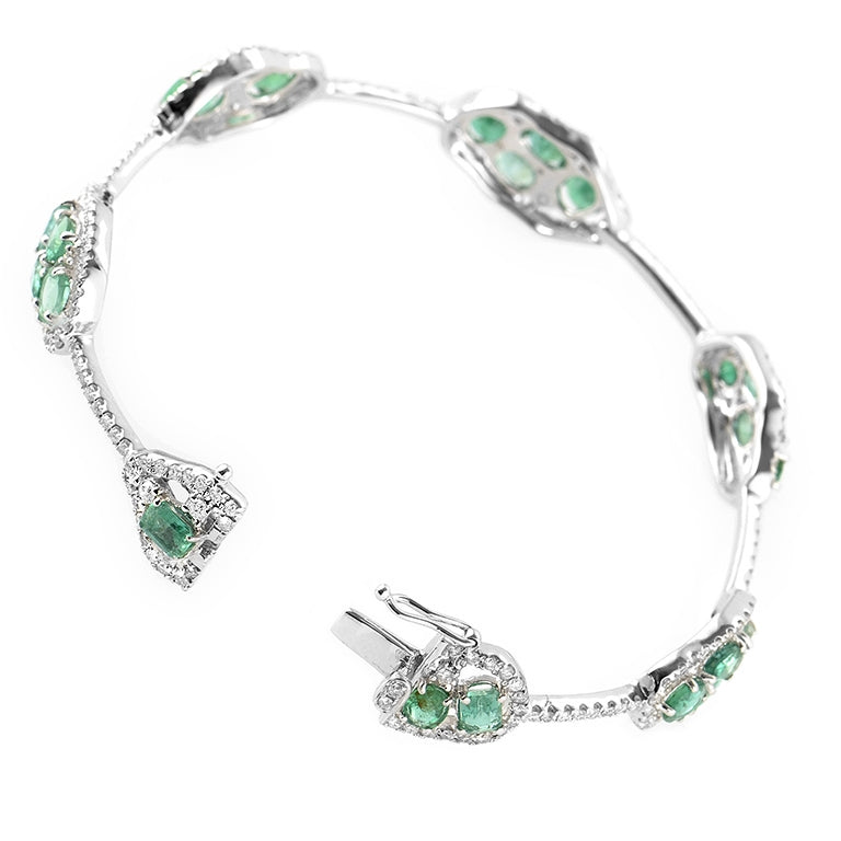 Single Row 18K White Gold Diamond and Emerald Bangle