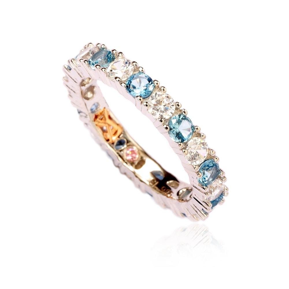 Suzy Levian Sterling Silver Cubic Zirconia Aqua Blue Alternating Eternity Band
