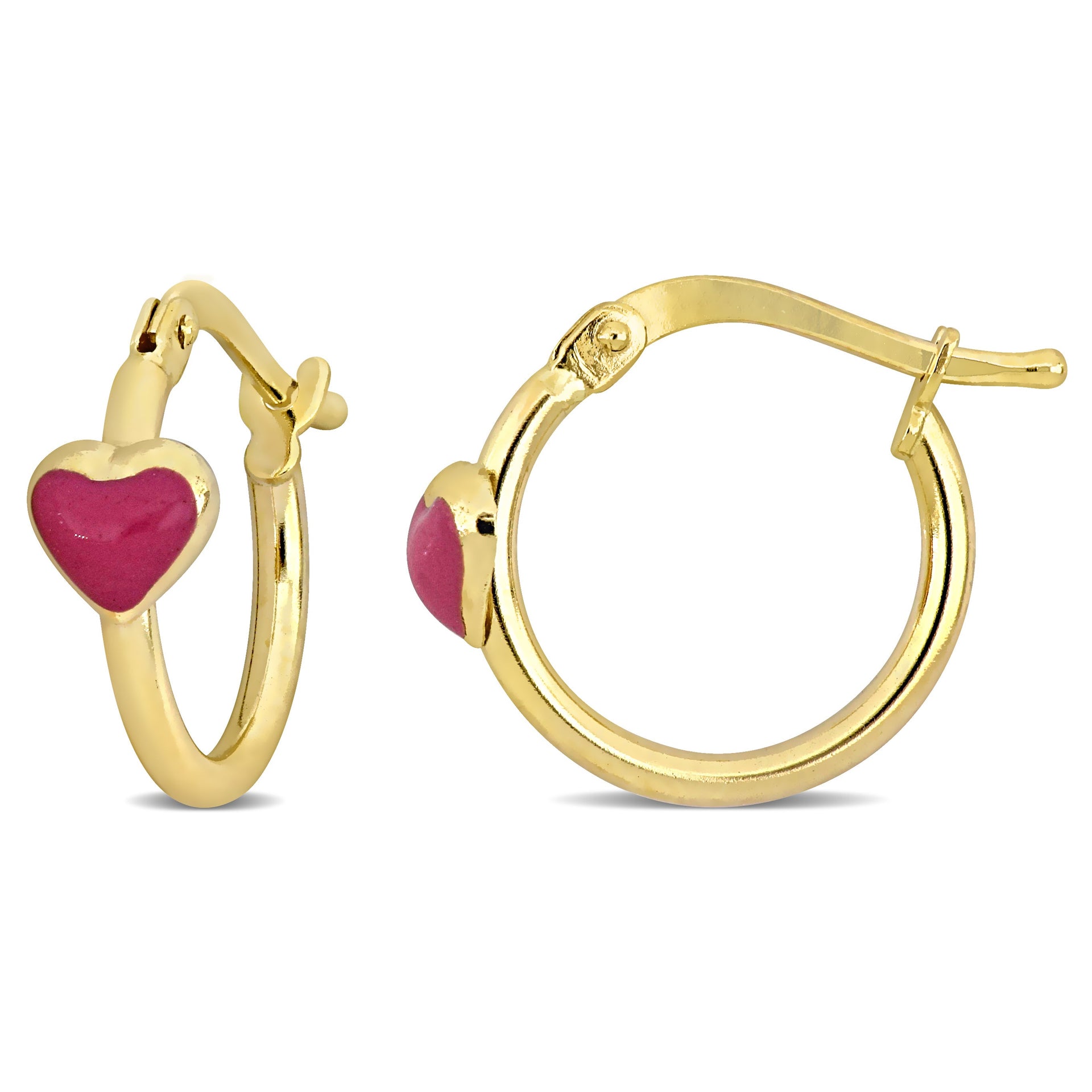 Mimi & Max 15mm Pink Enamel Heart Hoop Earrings in 14k Yellow Gold
