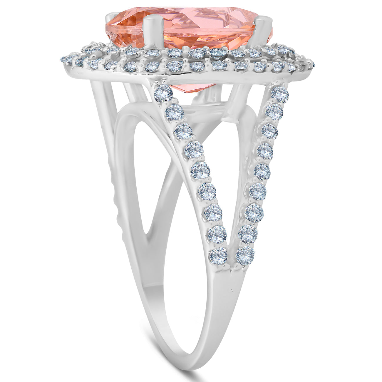 6 1/5 Ct Huge Diamond & Oval Simulated Morganite Halo Ring 14k White Gold
