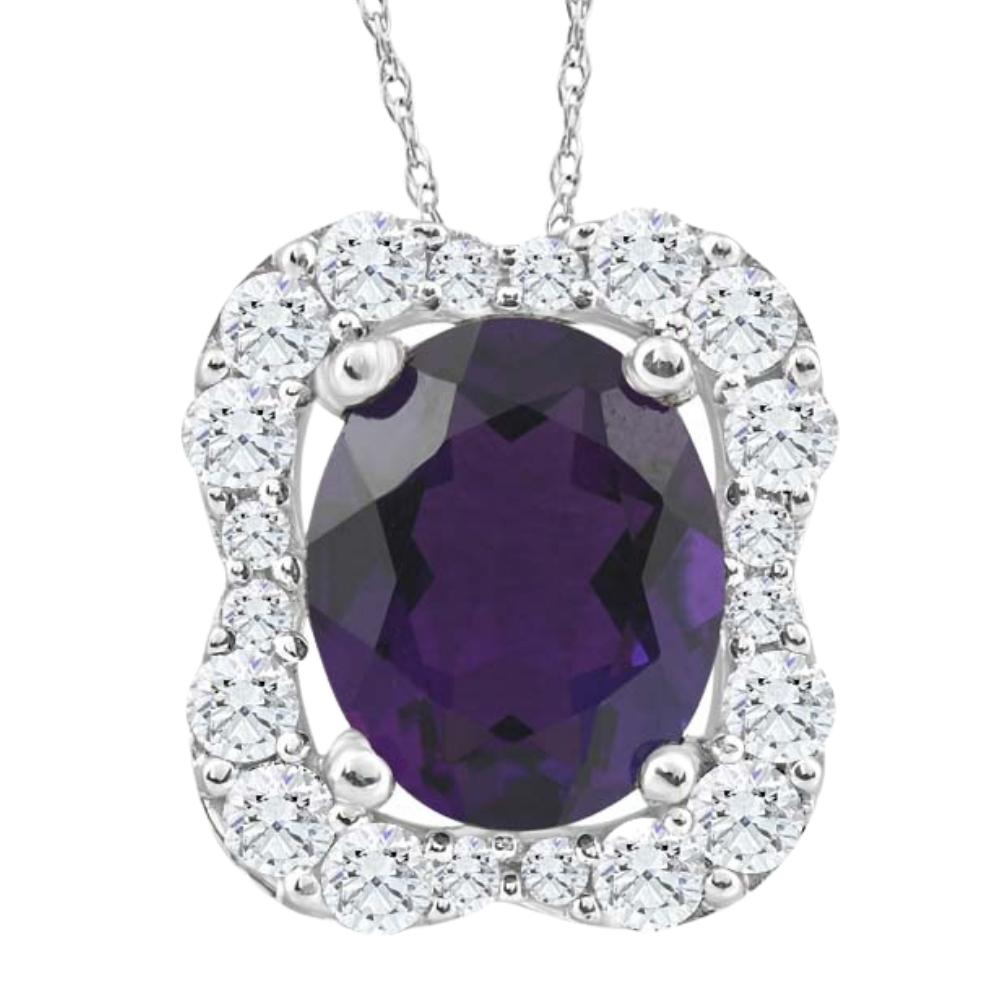3 3/4Ct Oval Amethyst Diamond Pendant 10k White Gold Women's Necklace