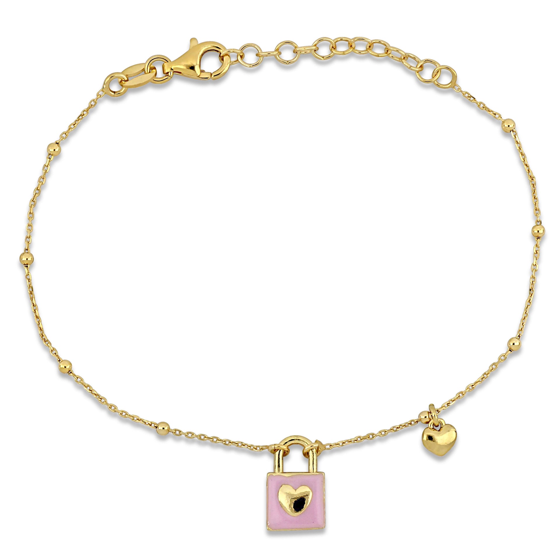 Mimi & Max Pink Enamel Lock and Heart Charm Bracelet in Yellow Silver- 7+1 in.