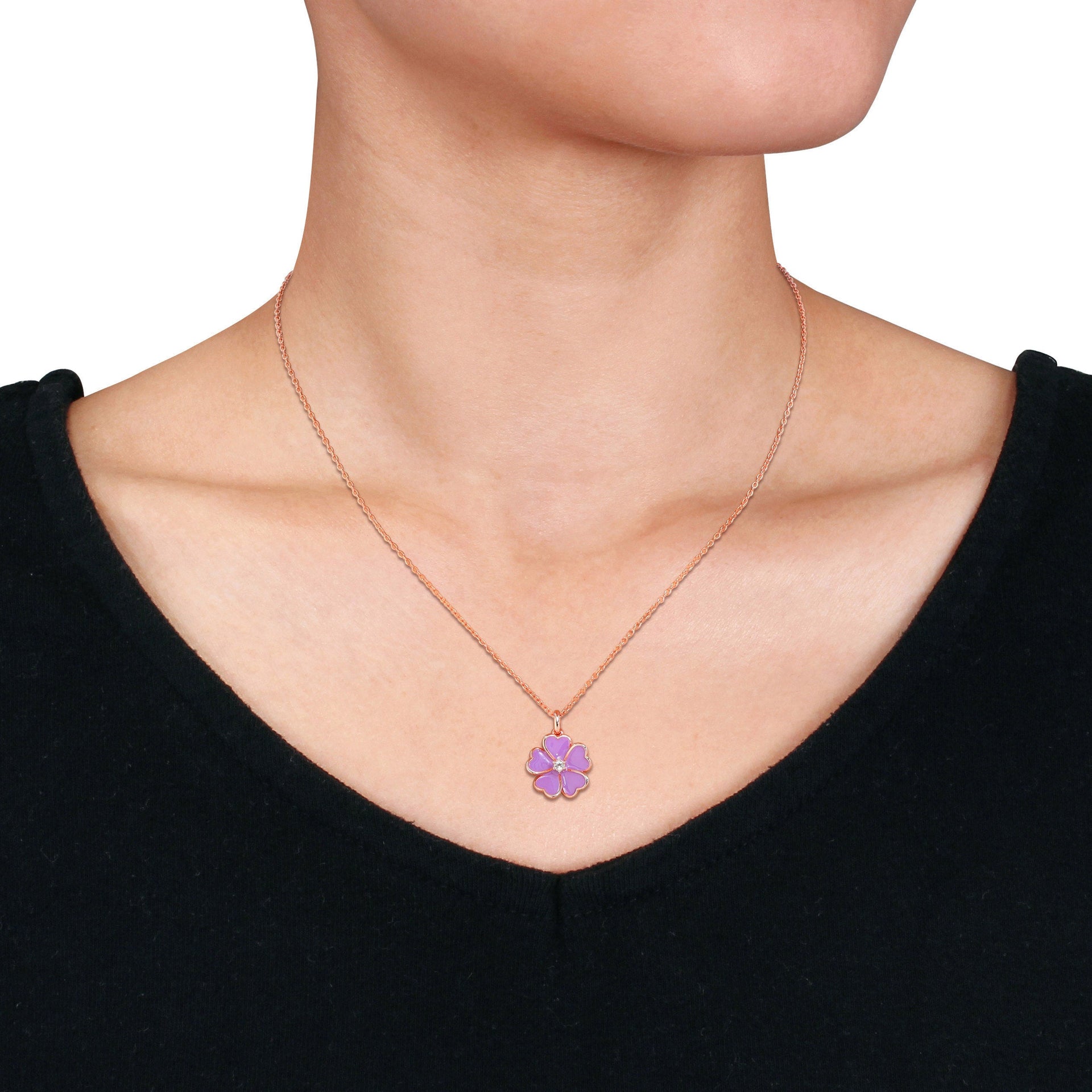 Mimi & Max 1/10ct TGW White Topaz Purple Enamel Plated Flower Necklace Rose Silver-17 in