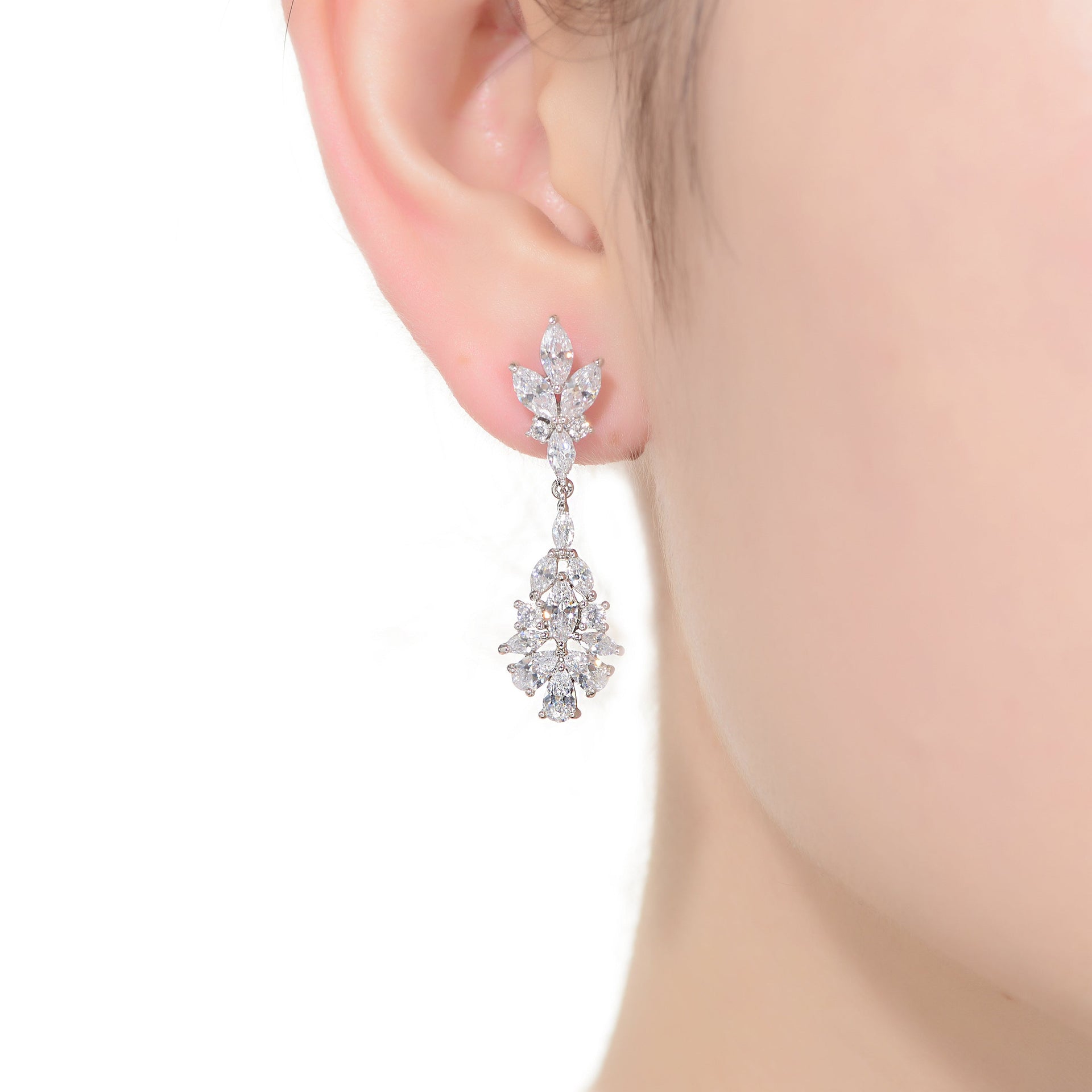 Sterling Silver With Rhodium Plated Clear Marquise With Pear And Round Cubic Zirconia Cluster Drop Earrings