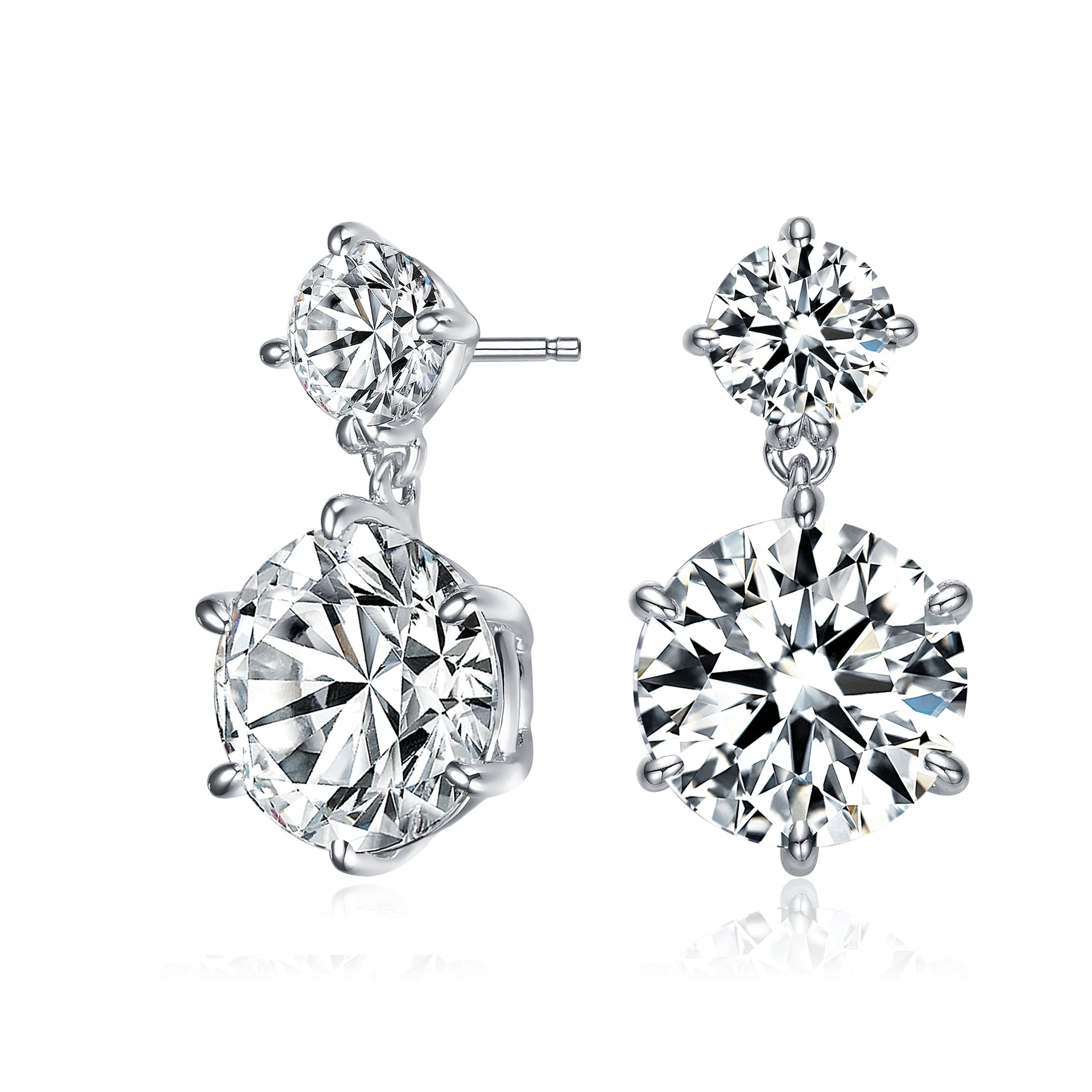 Sterling Silver With Rhodium Plated Clear Round Cubic Zirconia Two Stone Drop Earrings