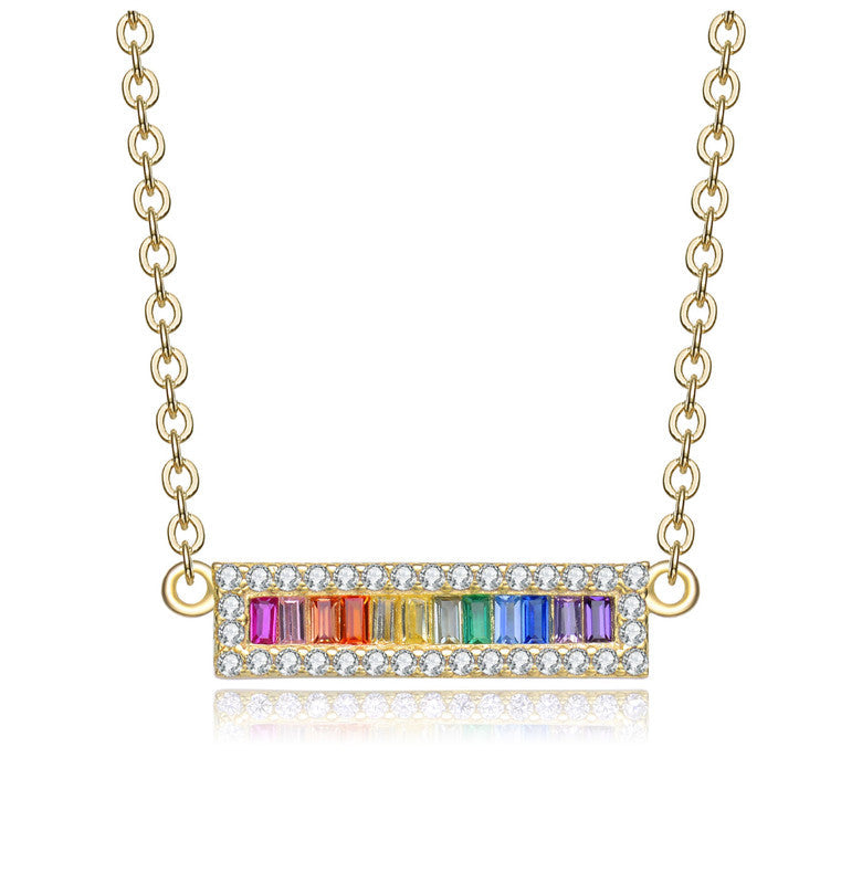 GENEVIVE Sterling Silver rainbow Cubic Zirconia Bar Pendant Necklace