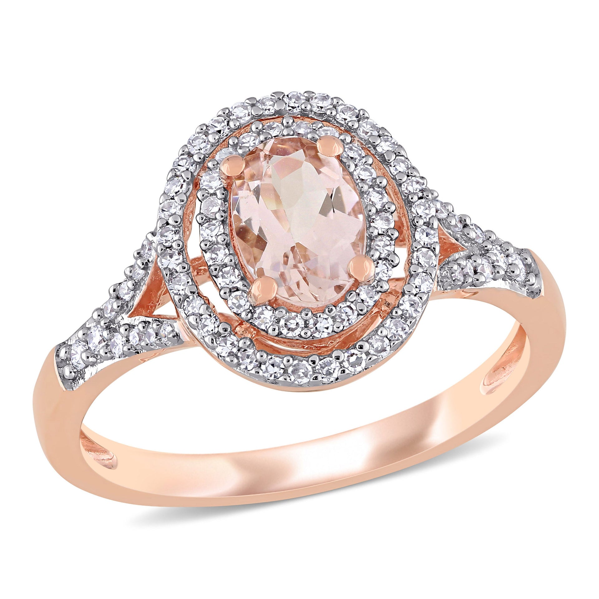 Mimi & Max 3/4ct TGW Oval Morganite 1/4ct TW Diamond Double Halo Ring 14k Rose Gold