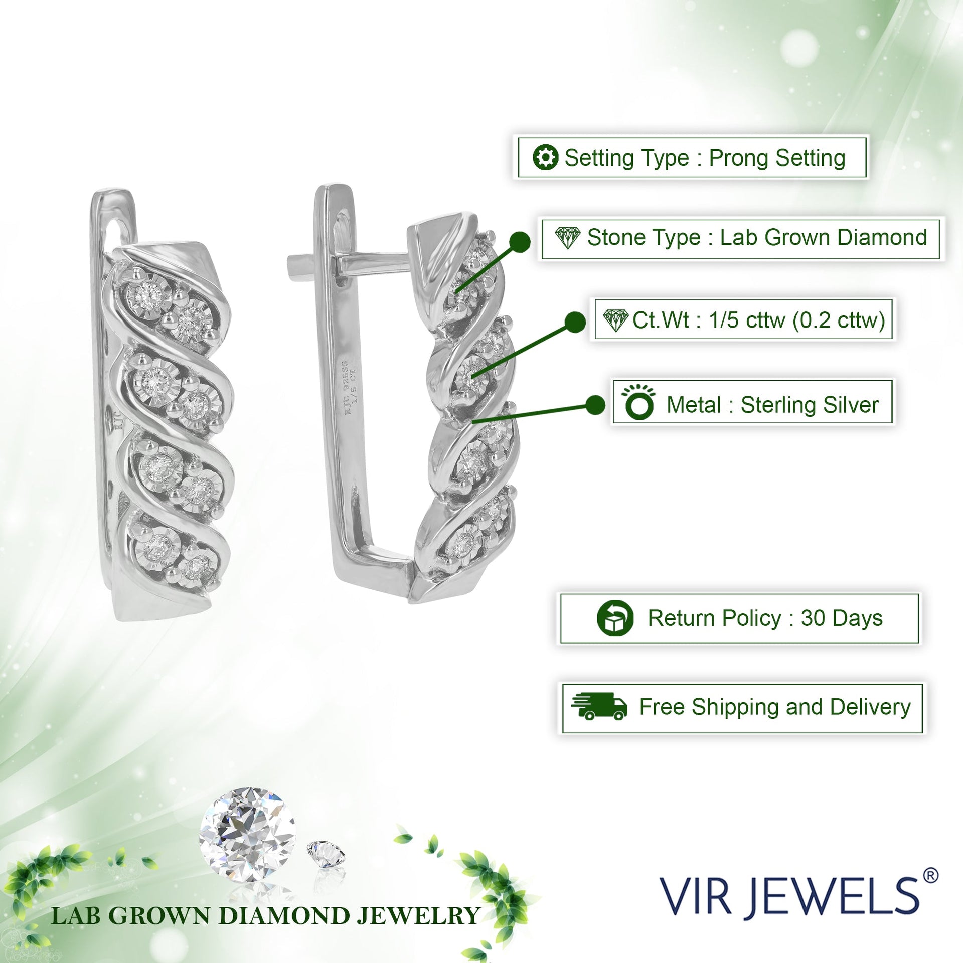 1/5 cttw Round Lab Grown Diamond Hoop Earrings Prong Settings on .925 Sterling Silver