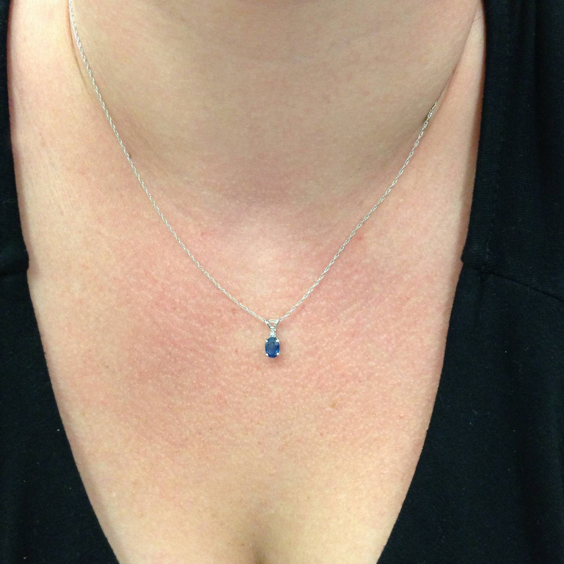 Diamond & Blue Sapphire Oval Shaped Solitaire Pendant 14K White Gold & 18' Chain