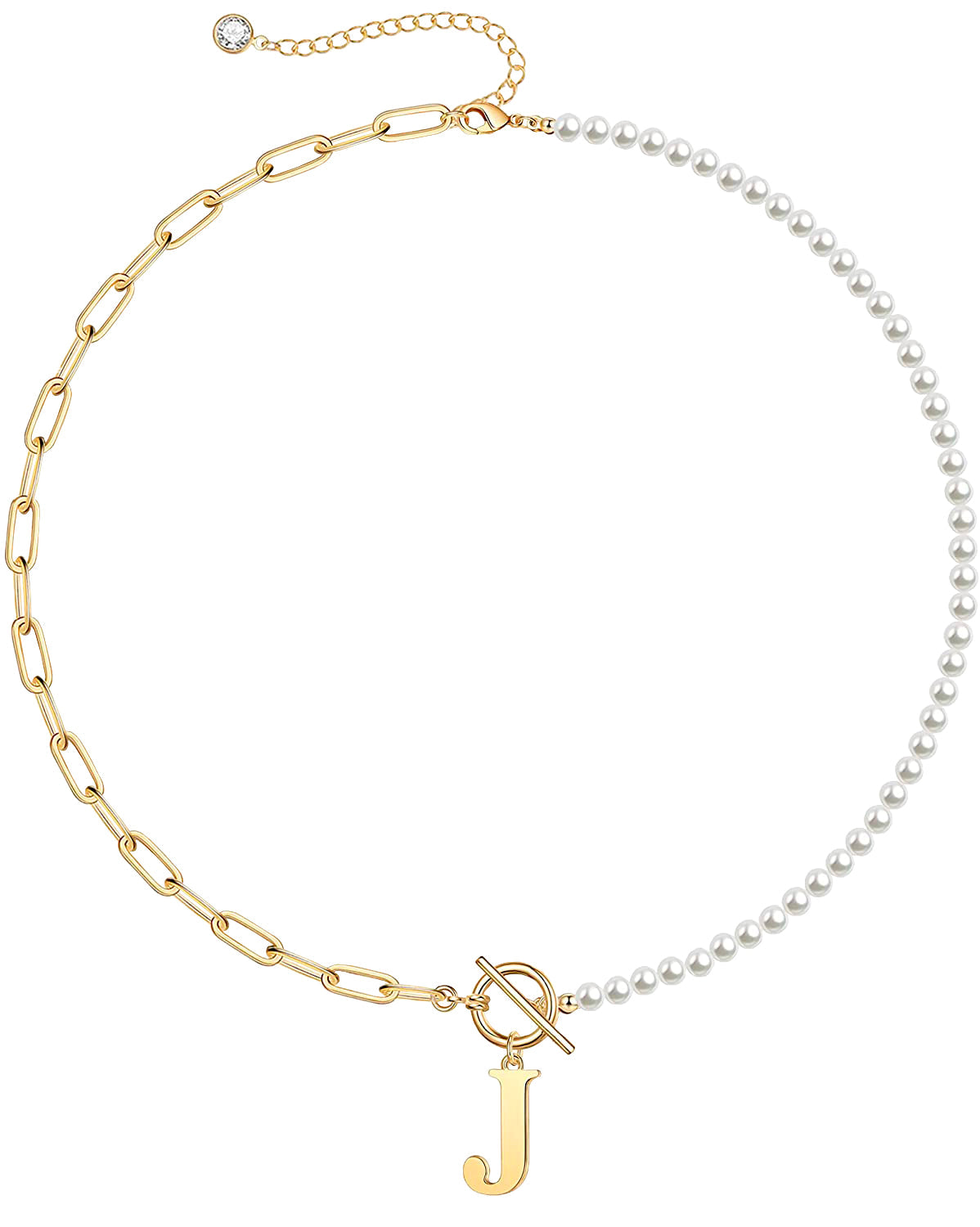 Rg 14K Gold Plated Initial Pearl Link Chain Necklace