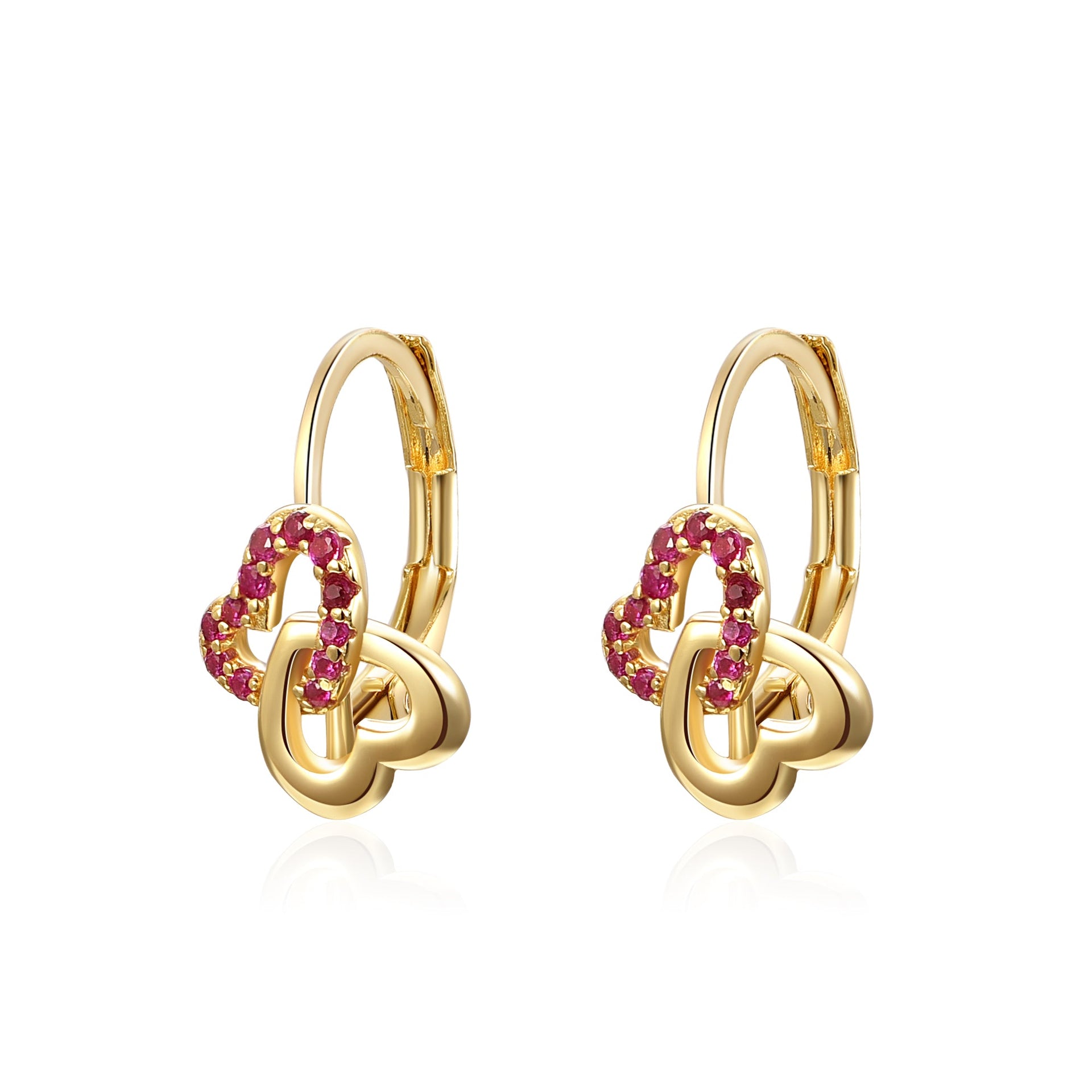 Ga Kids/teen Sterling Silver 14k Yellow Gold Plated With Ruby & Diamond Double Heart Halo Drop Leverback Earrings.