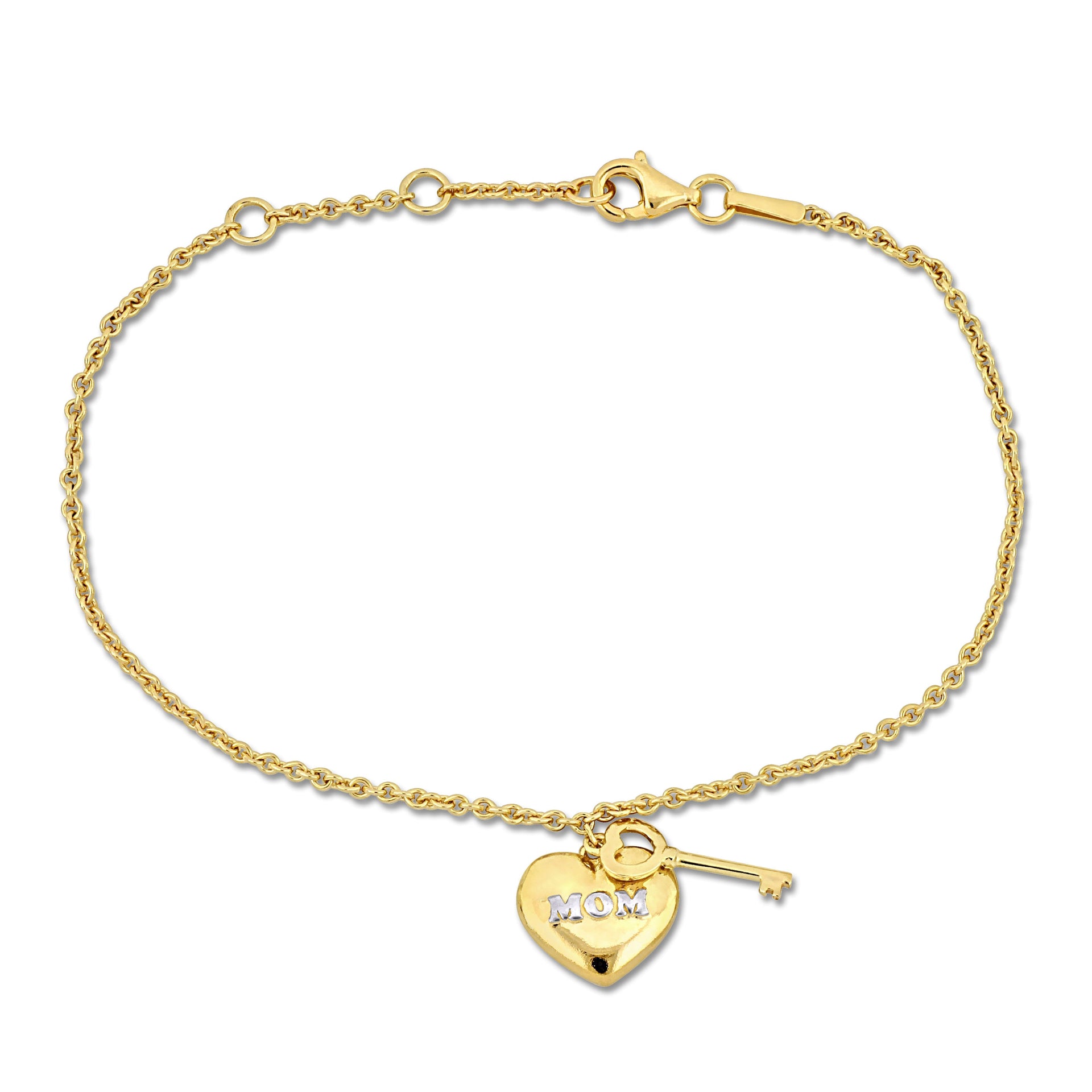 Mimi & Max Yellow Silver Charm Bracelet w/18K Yellow Gold Plated 'Mom' Heart & Key Charm