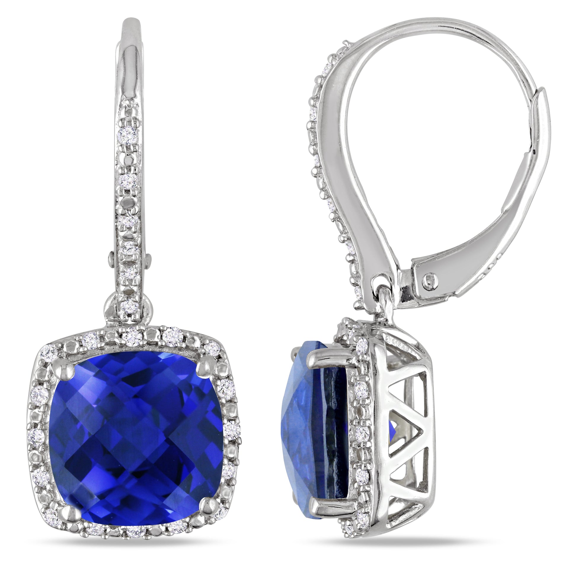 6 1/2 CT TGW Created Blue Sapphire and 1/5 CT TW Diamond Leverback Halo Earrings in Sterling Silver