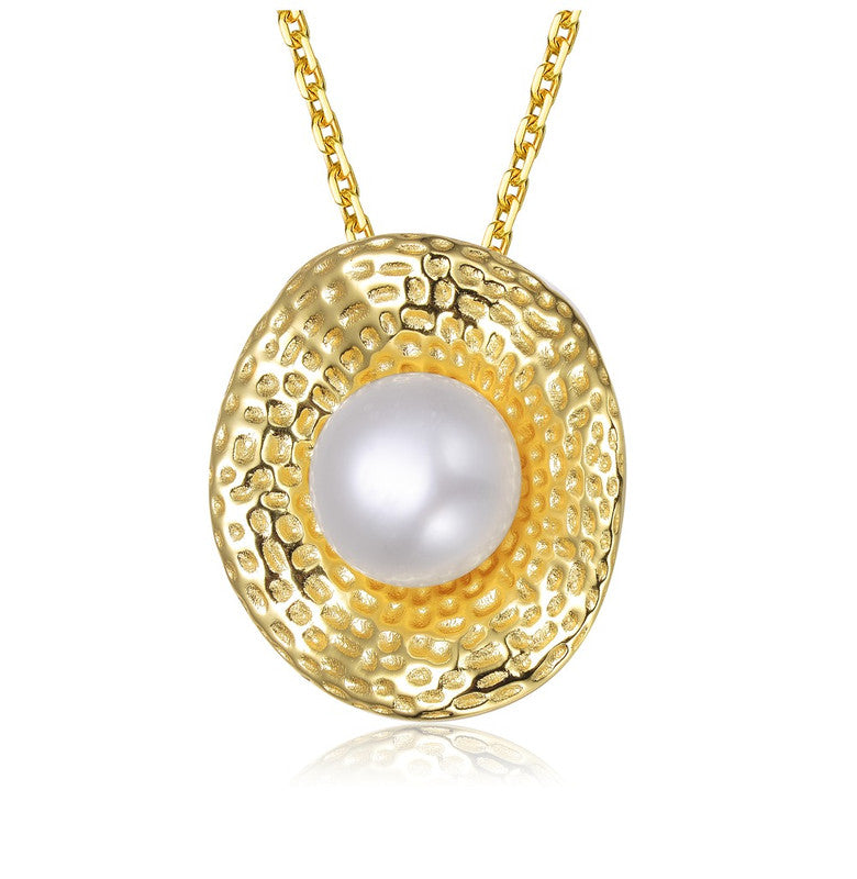 Sterling Silver Gold Plated Freshwater Pearl Hammered Pendant Necklace