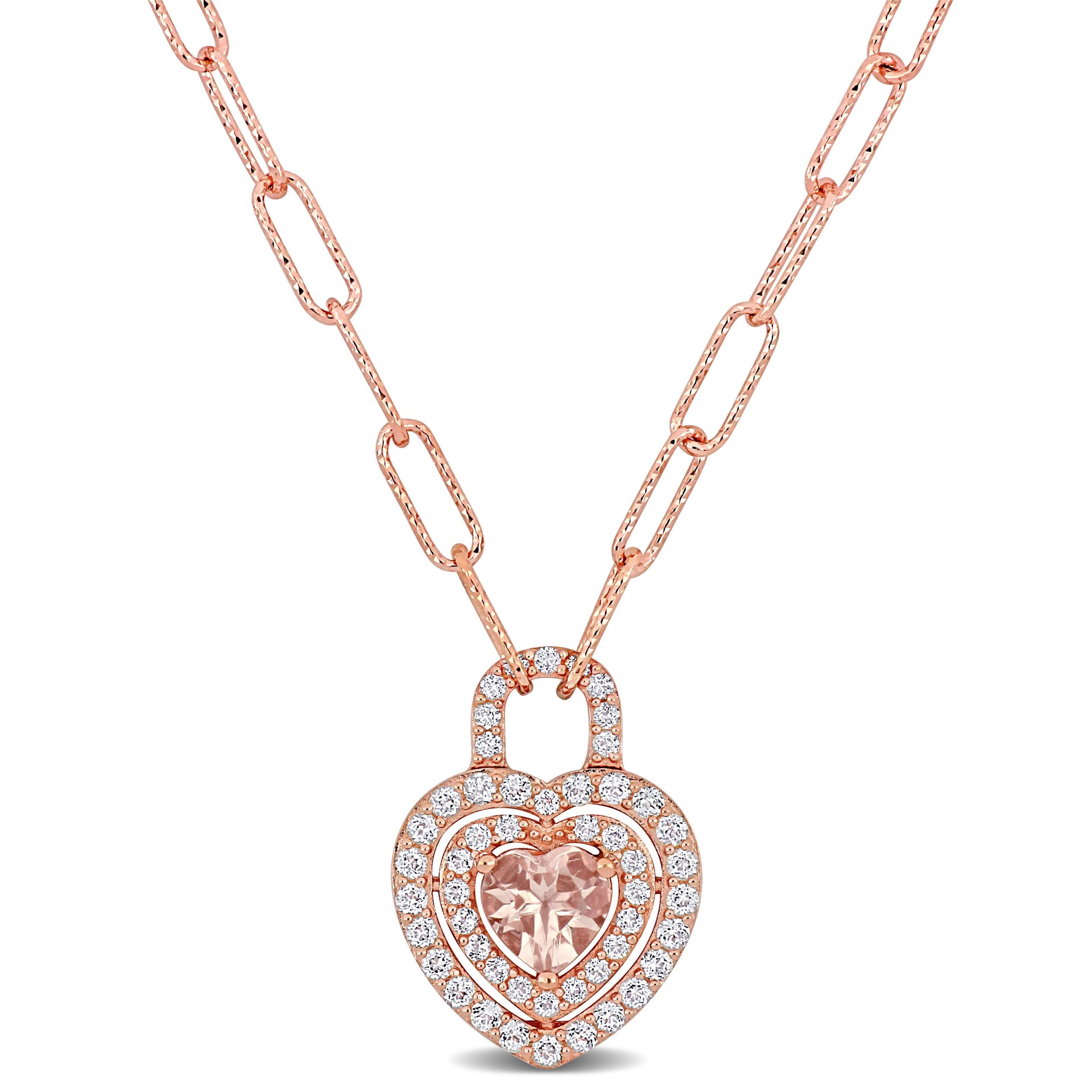 1 5/8 CT TGW Morganite and White Topaz Halo Heart Pendant in 18k Rose Gold Plated Sterling Silver