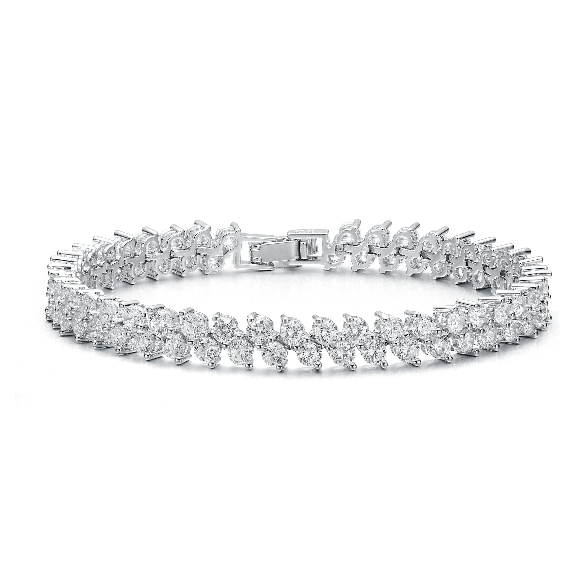 Sterling Silver with Diamond Cubic Zirconia 2-Stone Cluster Link Tennis Bracelet