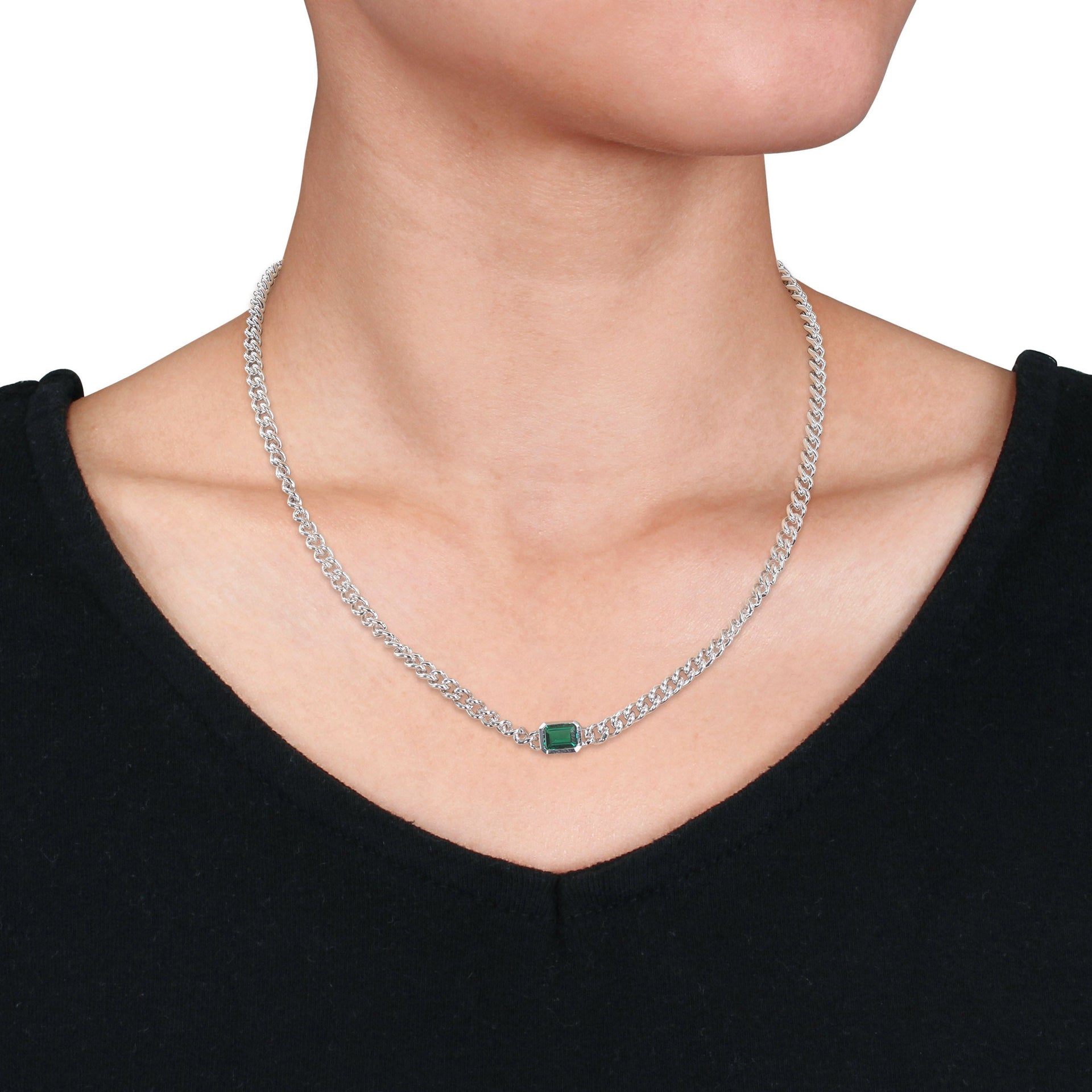 Mimi & Max 7/8 CT TGW Octagon Created Emerald Curb Link Chain Necklace in Sterling Silver