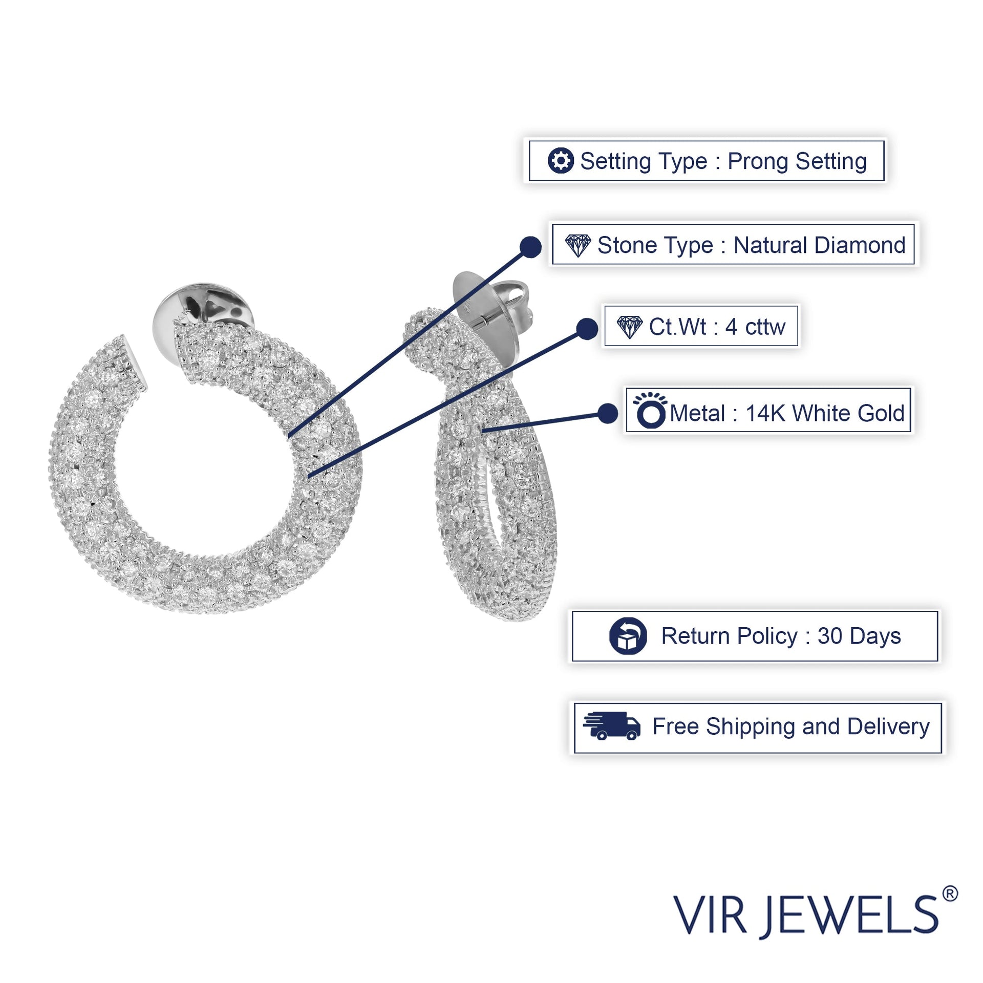 4 cttw SI2-I1 Certified 160 Diamond Hoop Earrings 14K White Gold G-H Color 1 Inch