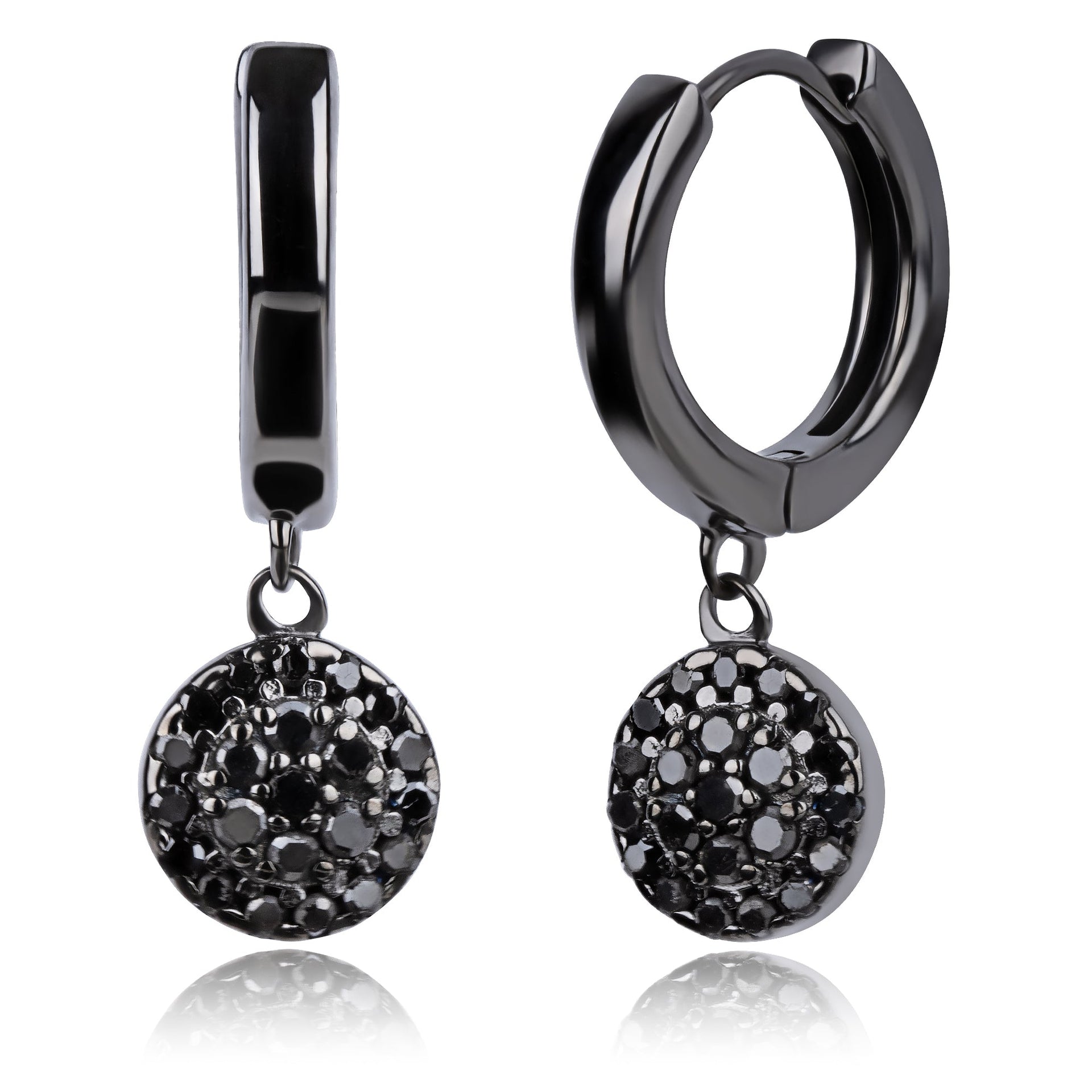 Real Black Diamond Round Disc Huggie Hoop Earrings in Sterling Silver