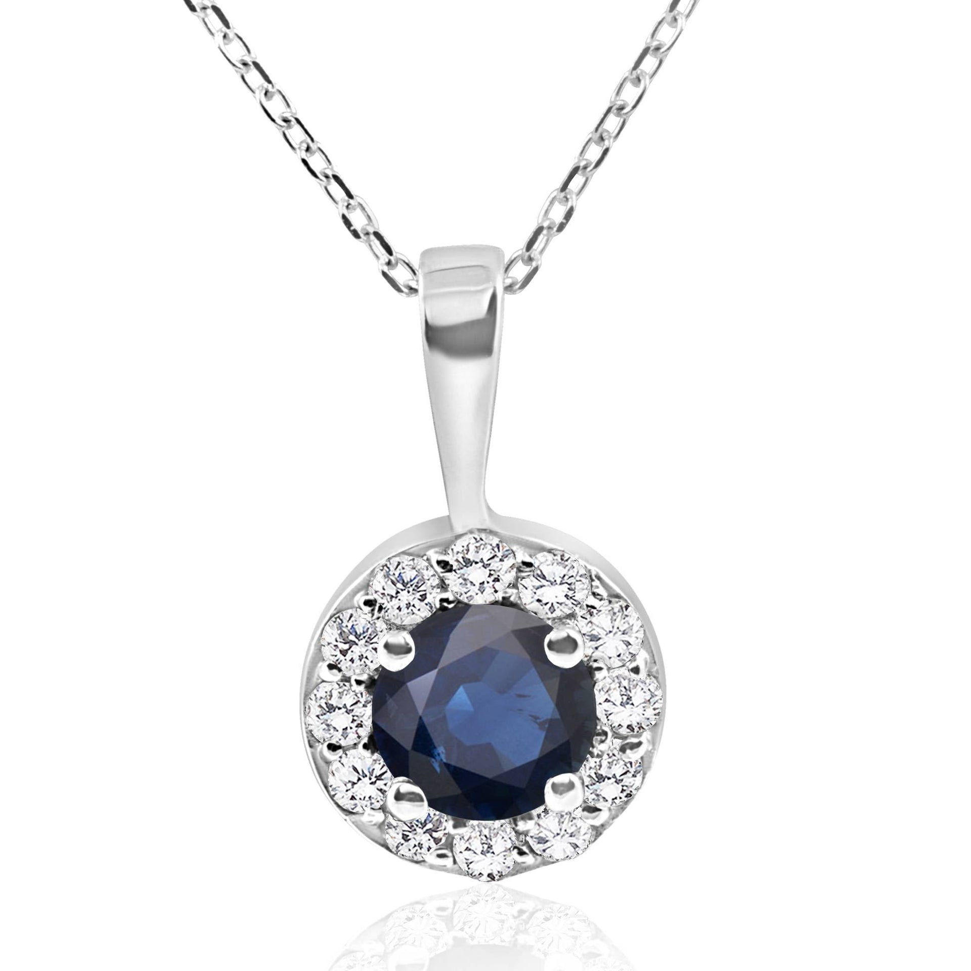 1 ct Blue Sapphire & Diamond Halo Pendant 14k White Gold & 18' Chain