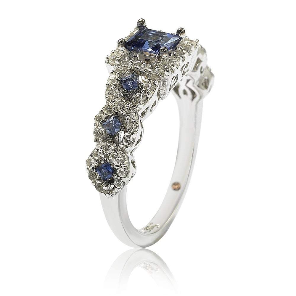 Suzy Levian Sterling Silver Assher Cut Sapphire and Diamond Accent Bridal Engagement Ring - Blue