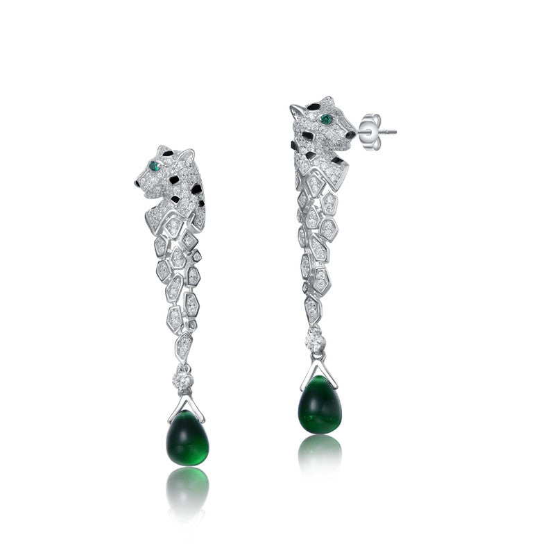 Sterling Silver Rhodium Plated With Emerald And Clear Cubic Zirconia Fauna Drop Earrings