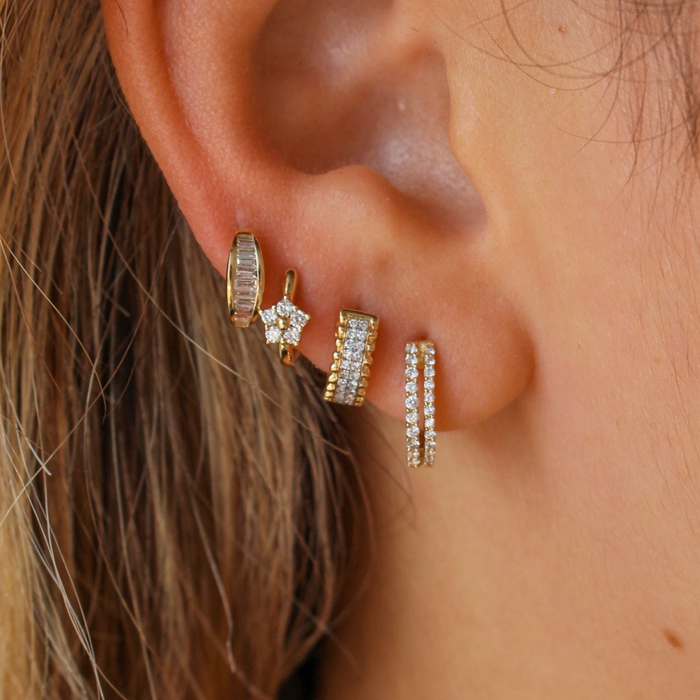 Gold Diamond Flower Huggie Earrings