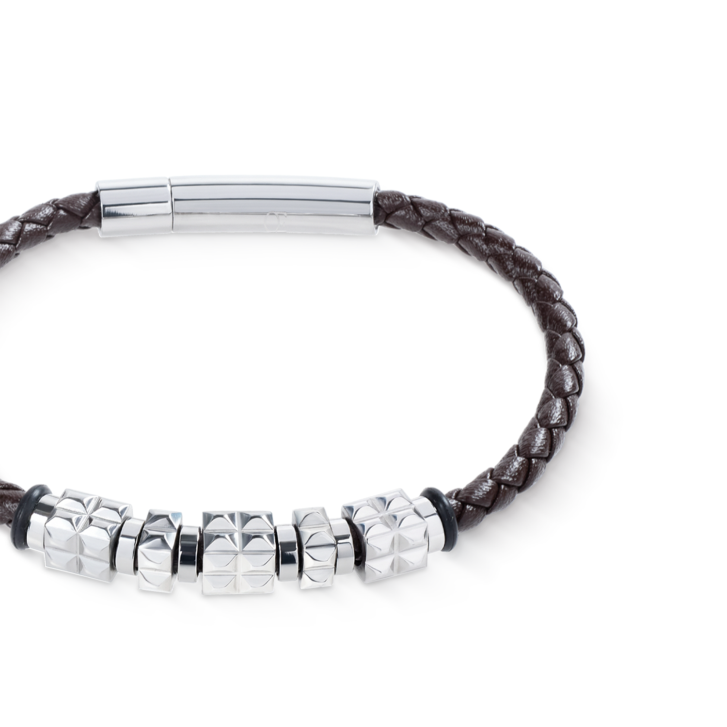 Brown Leather Bracelet with Stainless Steel Spikes Cubes