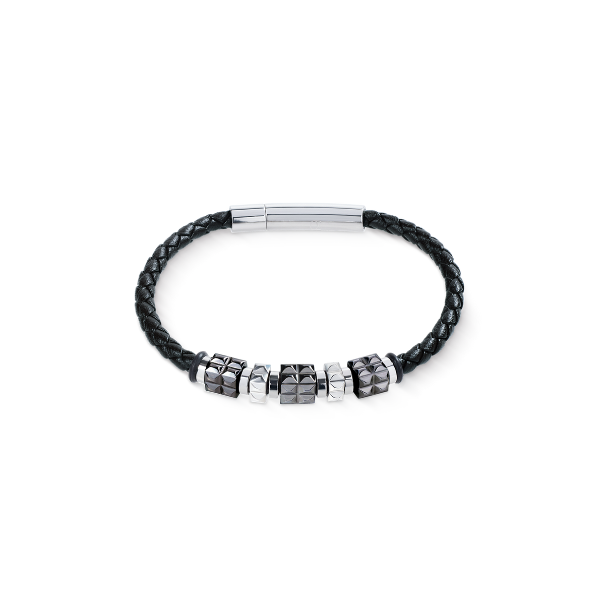 Black Leather Bracelet with Gun Metal Stainless Steel Spikes Cubes
