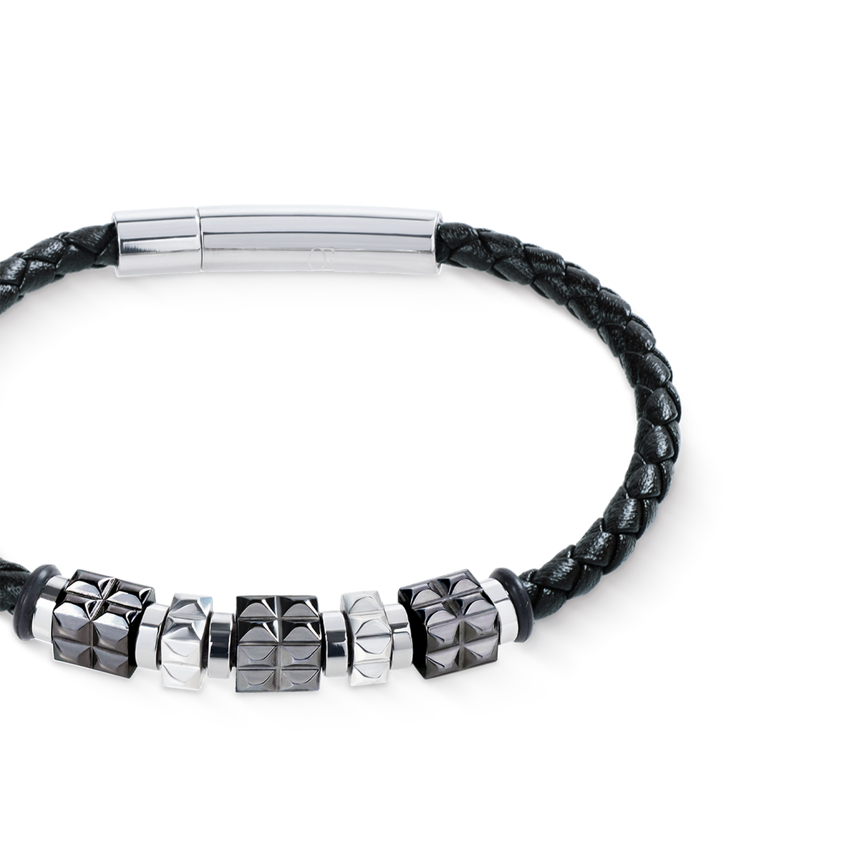 Black Leather Bracelet with Gun Metal Stainless Steel Spikes Cubes