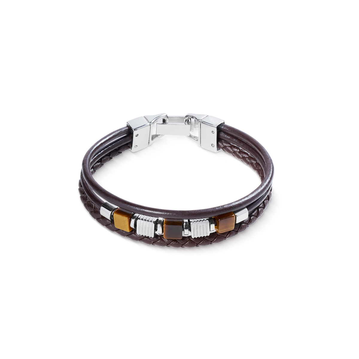 Brown Leather Bracelet 3-Strand with Tiger’s Eye and Graphic Relief Stainless Steel Cubes